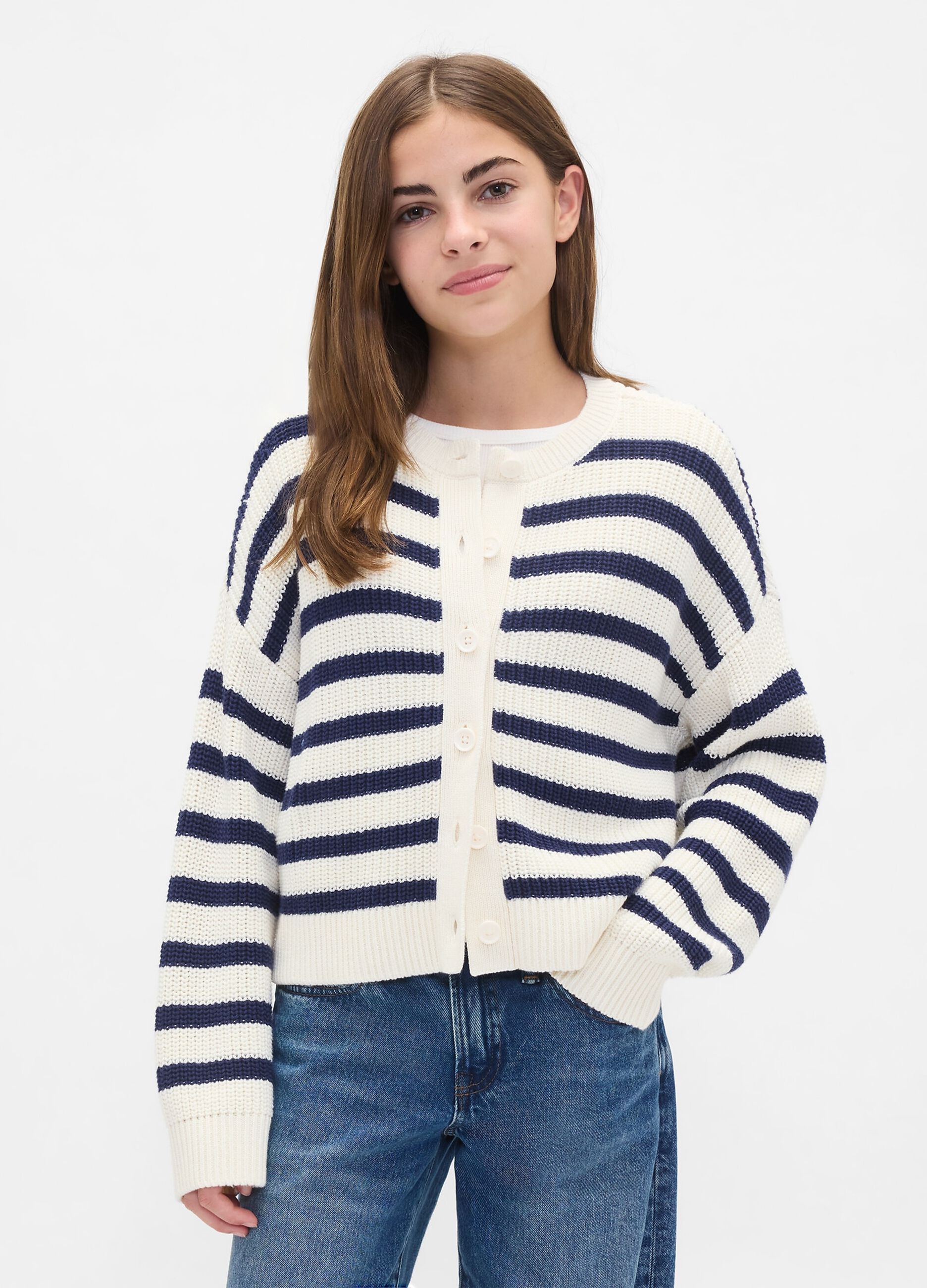 Cardigan bianco e blu a righe in cotone