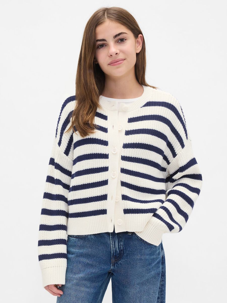 Cardigan bianco e blu a righe in cotone Bambina_0