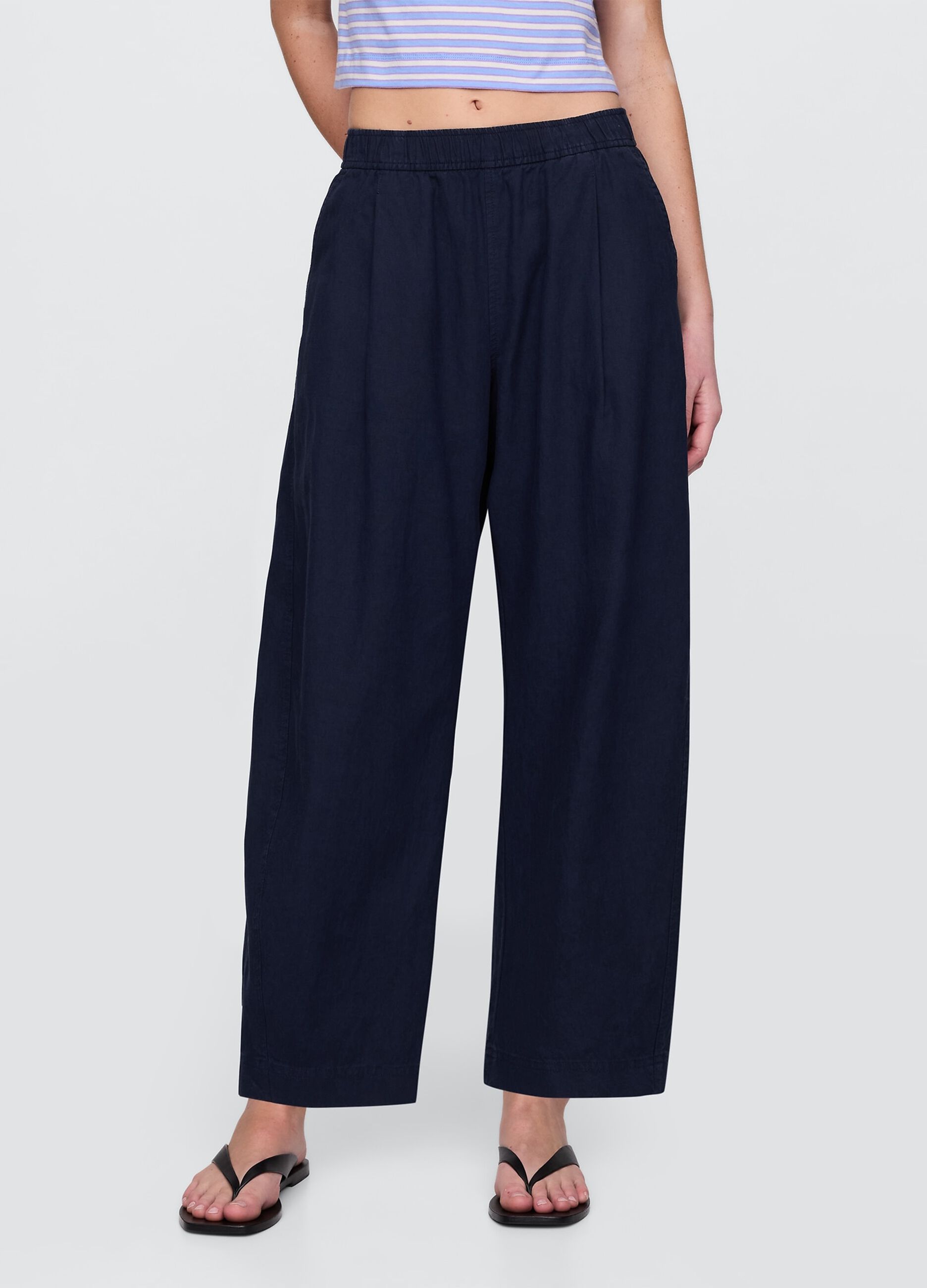 Pantaloni ampi blu in lino e viscosa_1