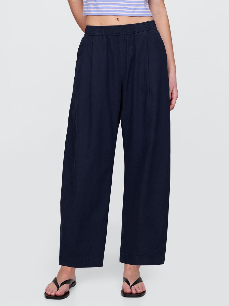 Pantaloni ampi blu in lino e viscosa Donna_1