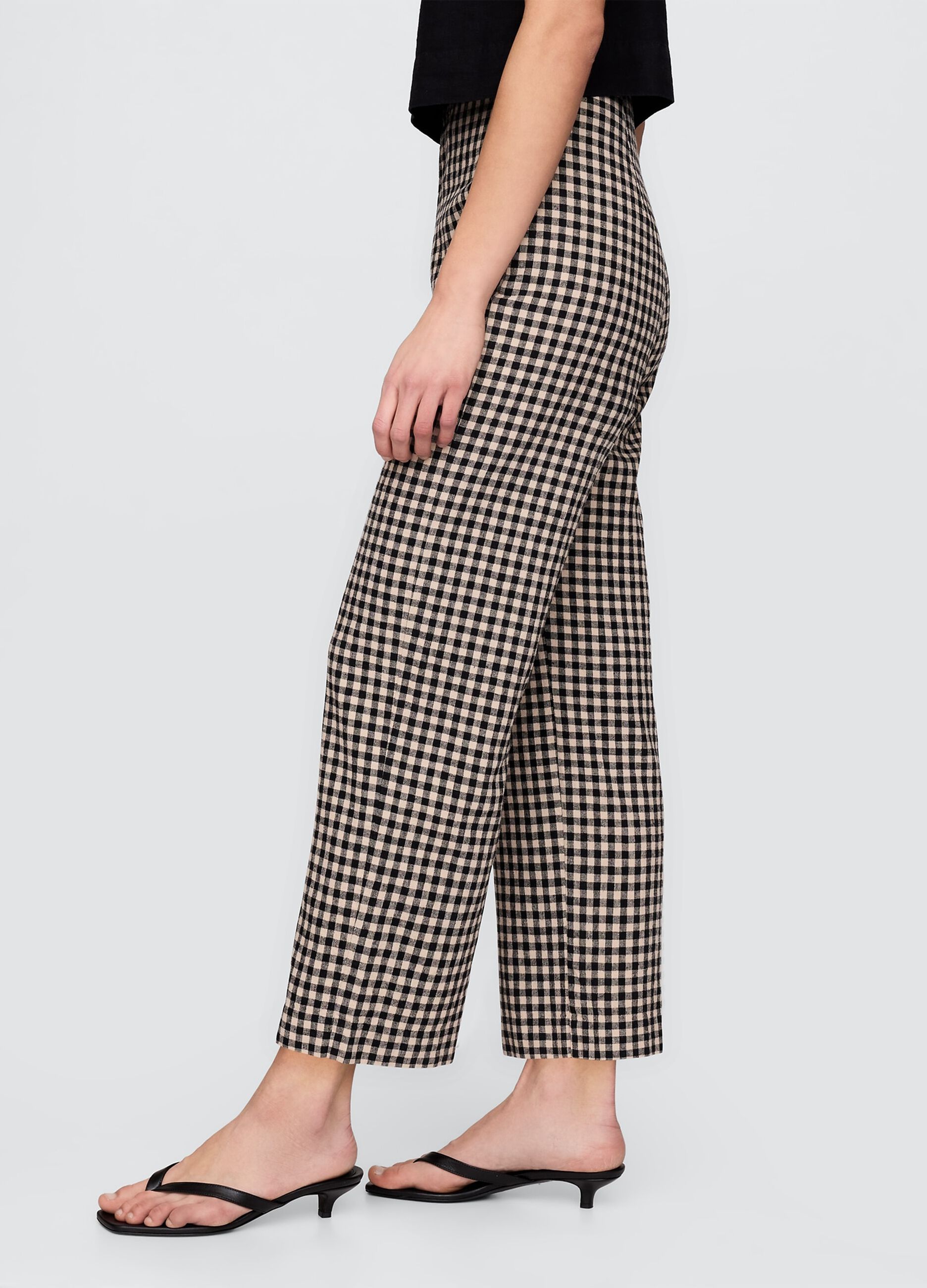 Pantaloni a quadri marrone e nero in lino e viscosa_3