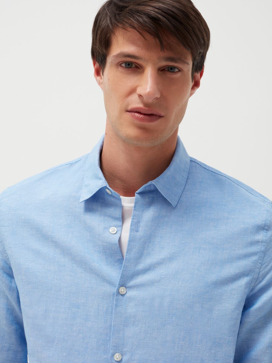 Camicia in lino e cotone tinta unita Uomo_1