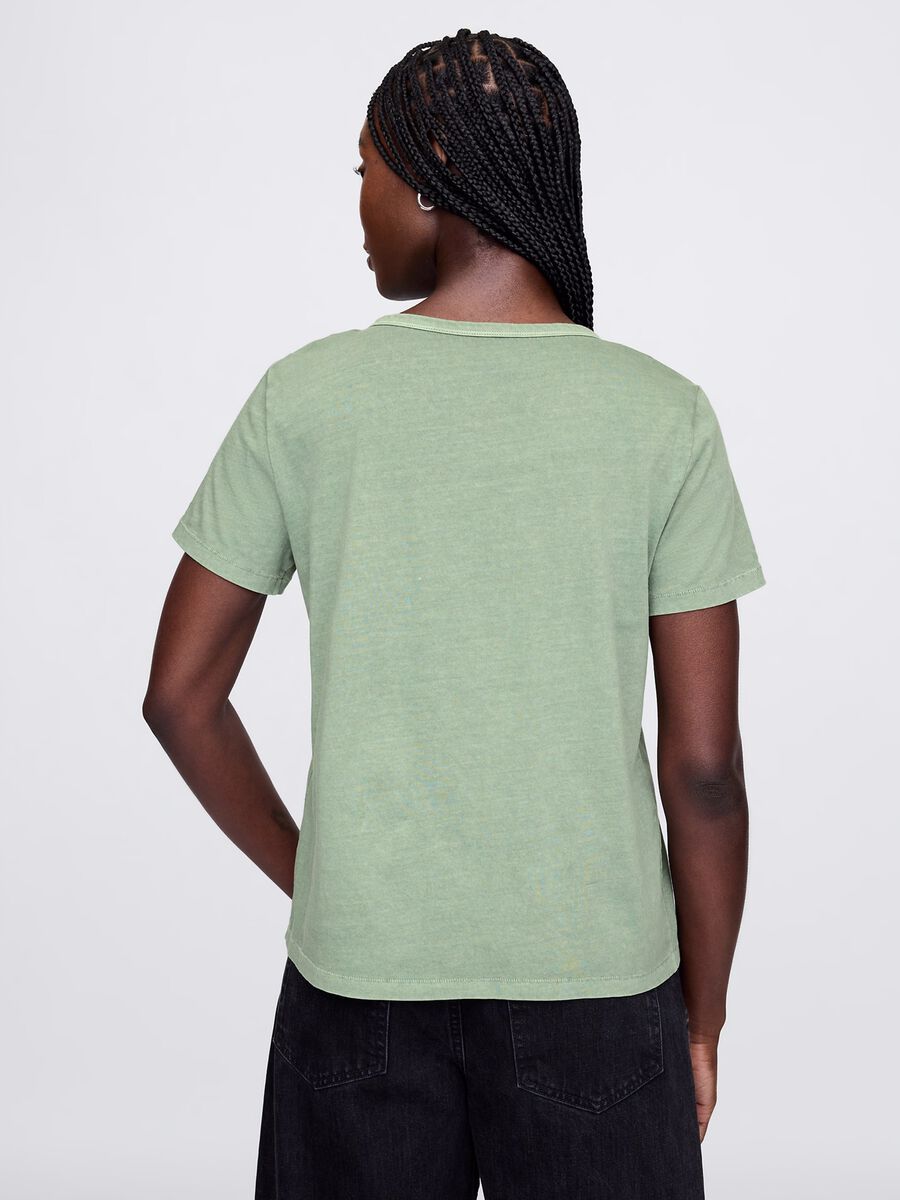 T-shirt verde in cotone con scollo a V Donna_2