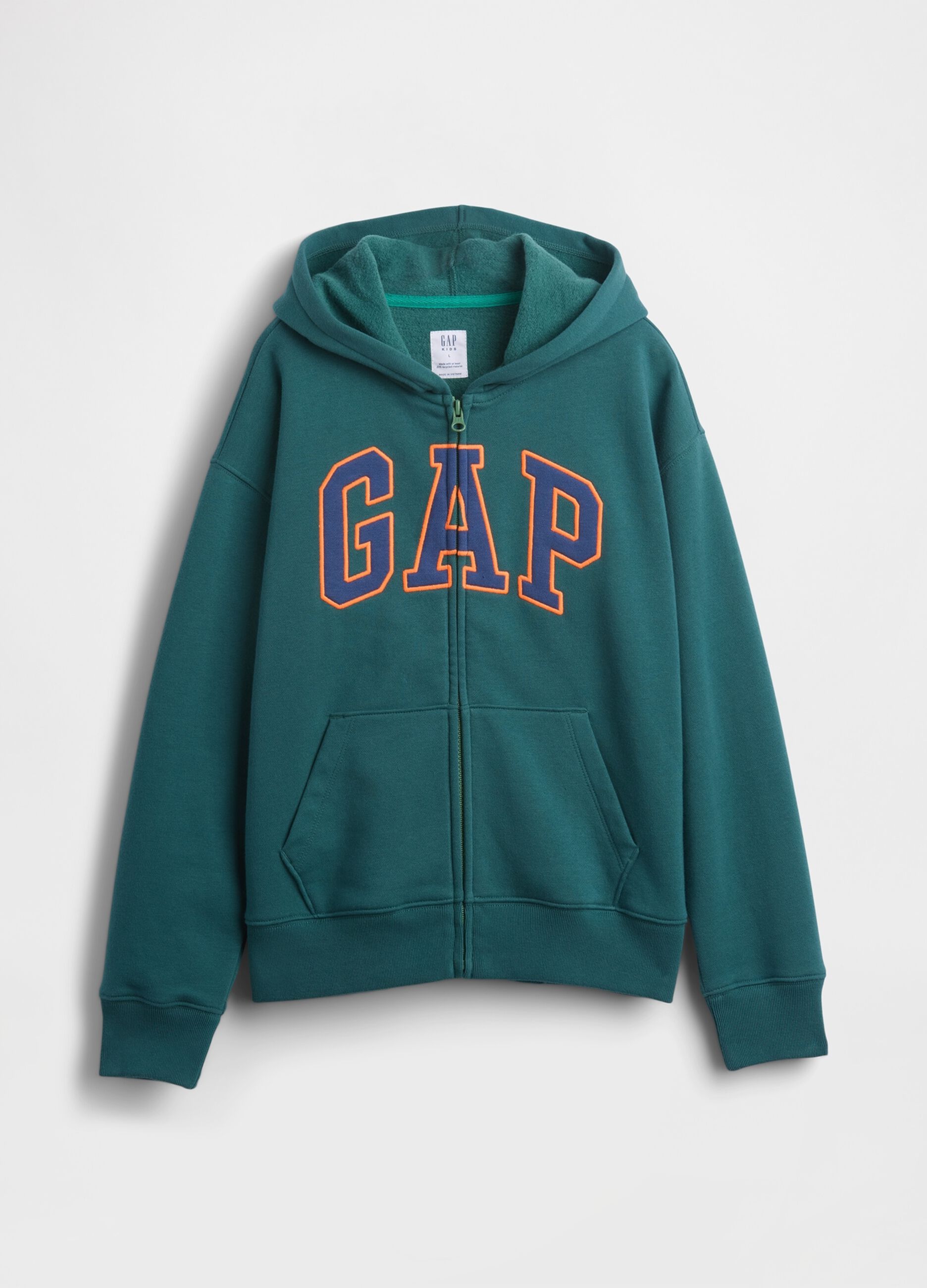 Felpa in misto cotone verde da bambino con logo, zip e cappuccio