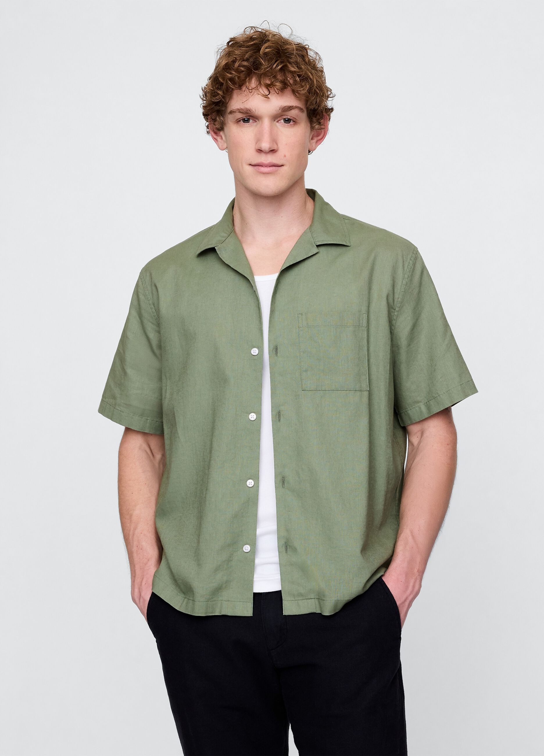 Camicia verde a maniche corte in lino e cotone
