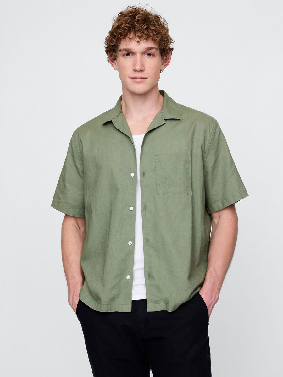 Camicia verde a maniche corte in lino e cotone Uomo_0