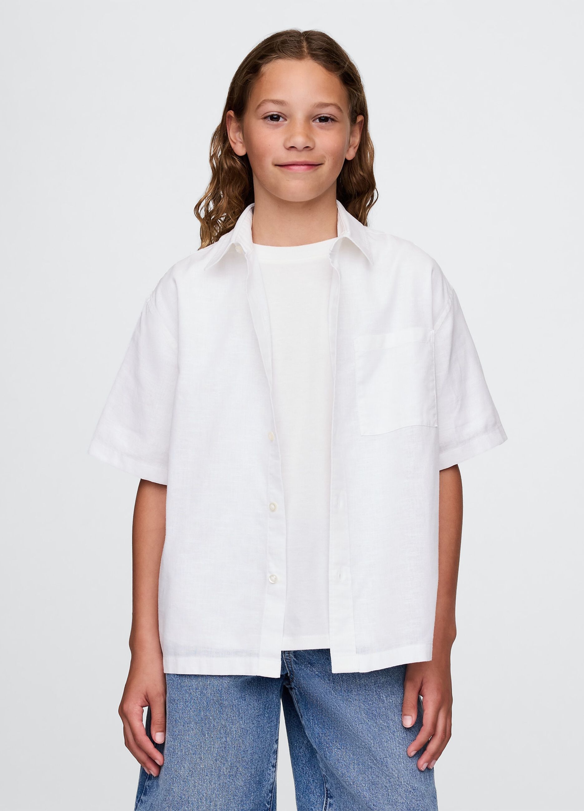 Camicia a mezza manica bianca in lino e cotone