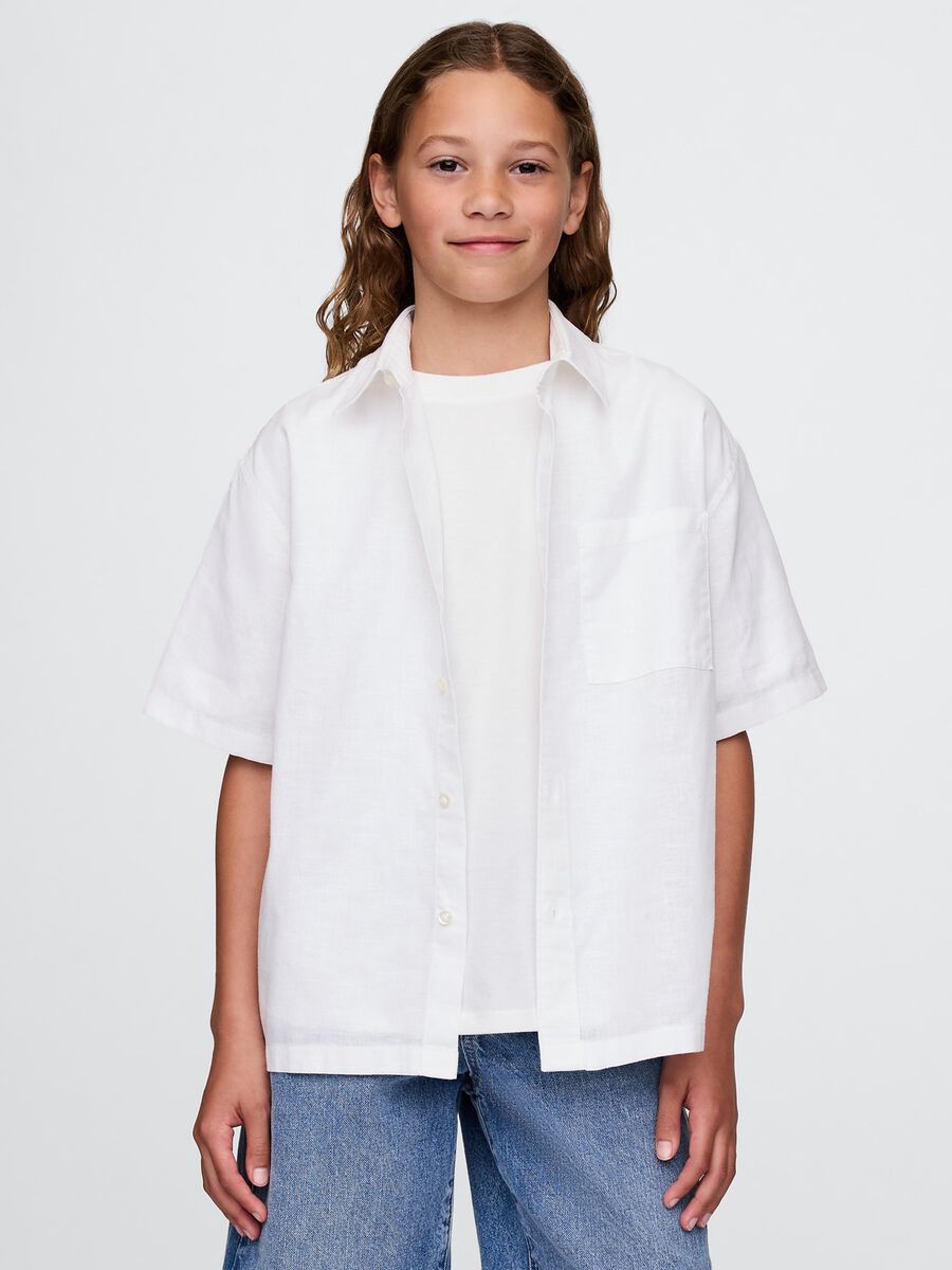 Camicia a mezza manica bianca in lino e cotone Bambino_0