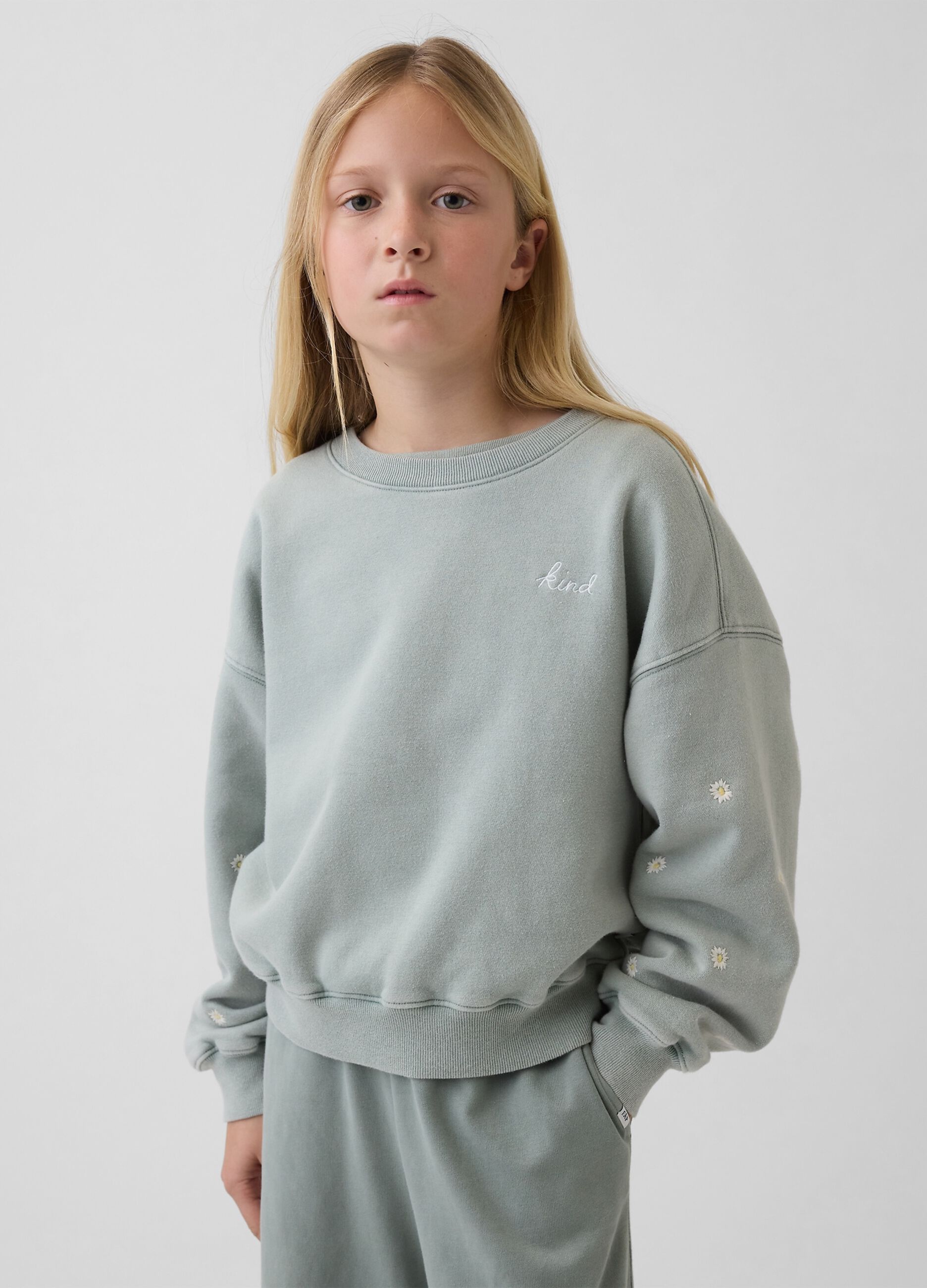 Grey cotton blend sweatshirt for girls with floral details