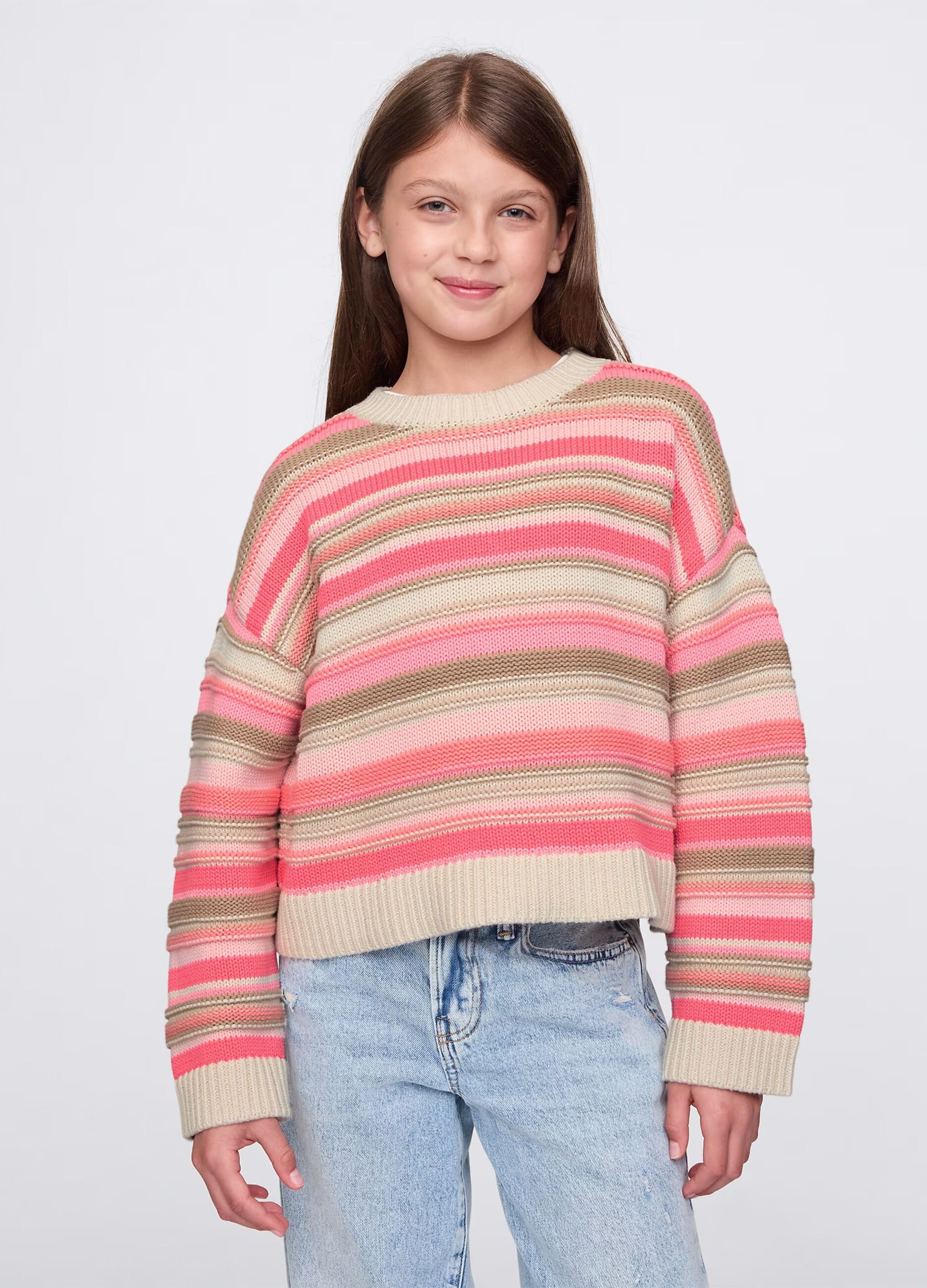 Pullover rosa e beige in cotone a righe