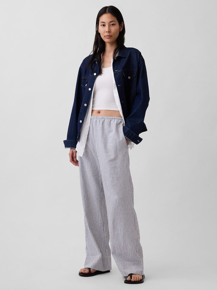 Pantaloni in misto lino a righe Donna_4