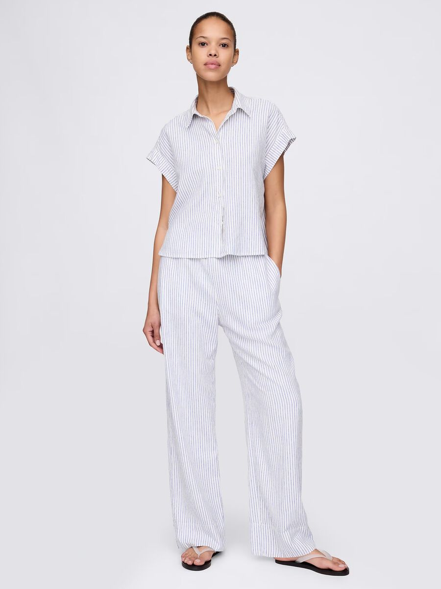 Camicia a righe bianche e azzurre in lino e viscosa Donna_1
