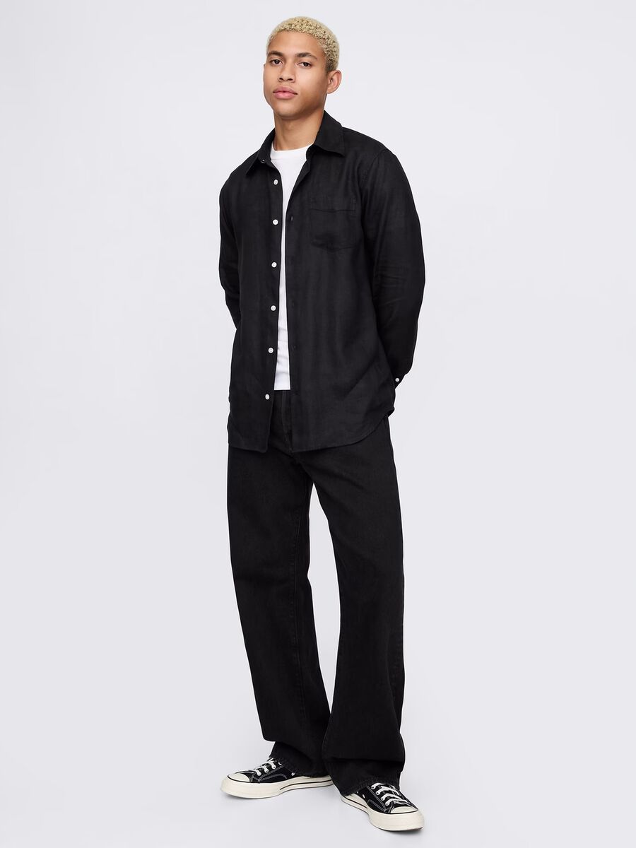 Camicia nera a maniche lunghe in lino Uomo_1