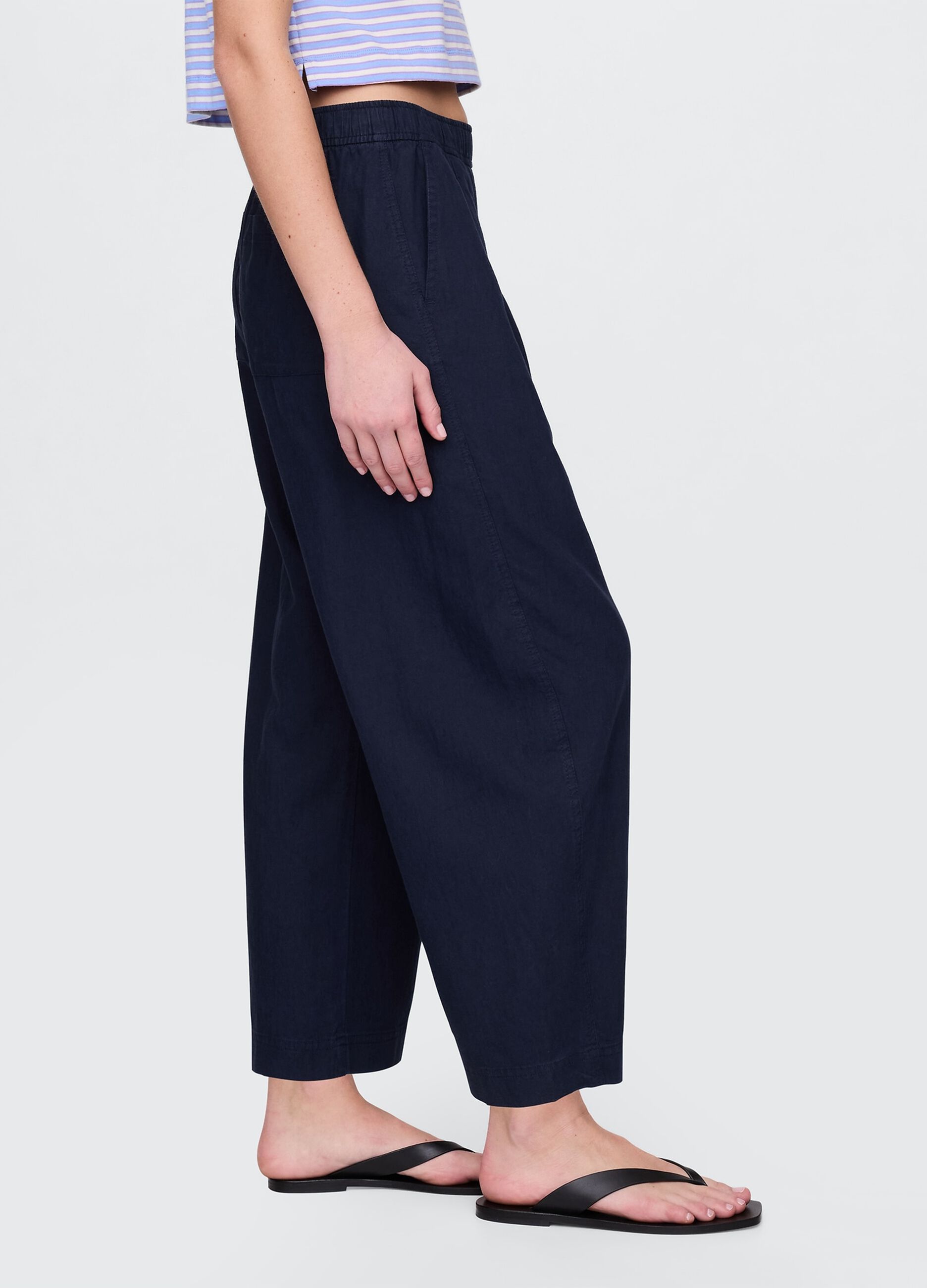 Pantaloni ampi blu in lino e viscosa_3