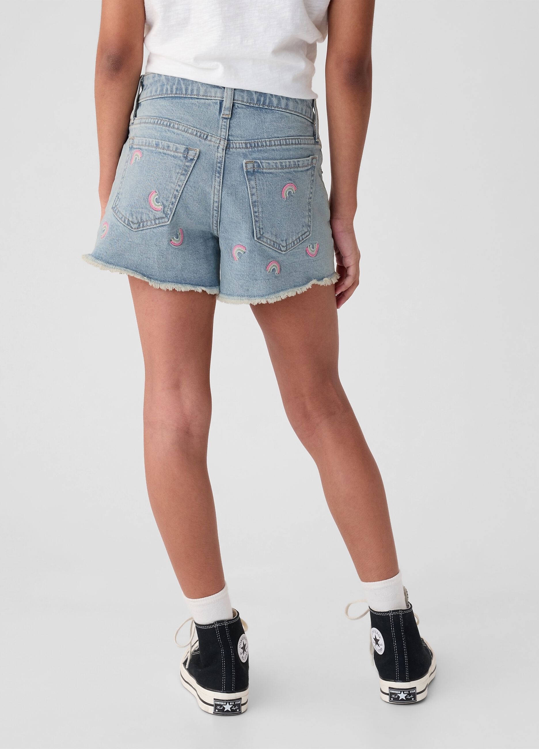 Shorts in denim con ricamo arcobaleno_2