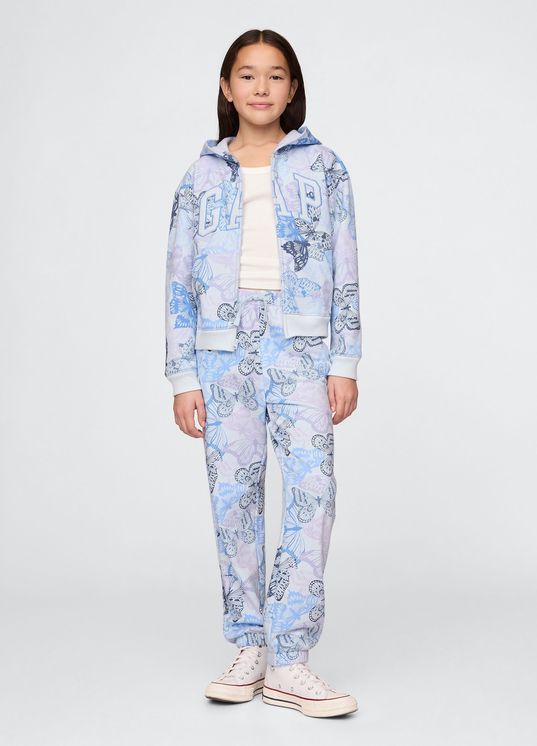 Joggers azzurro con coulisse stampa farfalle e ricamo logo