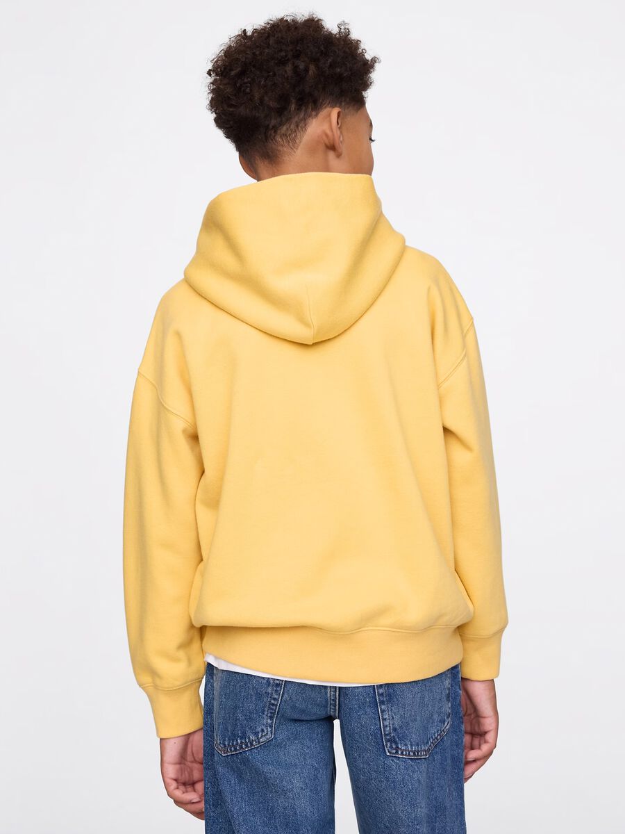 Yellow cotton sweatshirt with hood and print Unisex_3
