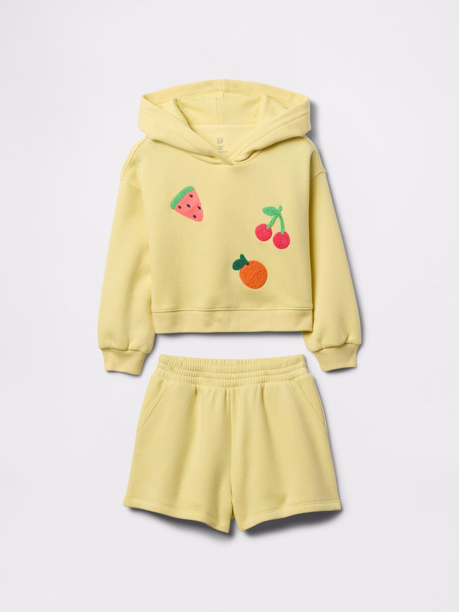 Set giallo con felpa e pantaloncini con frutta ricamata Bimba_0