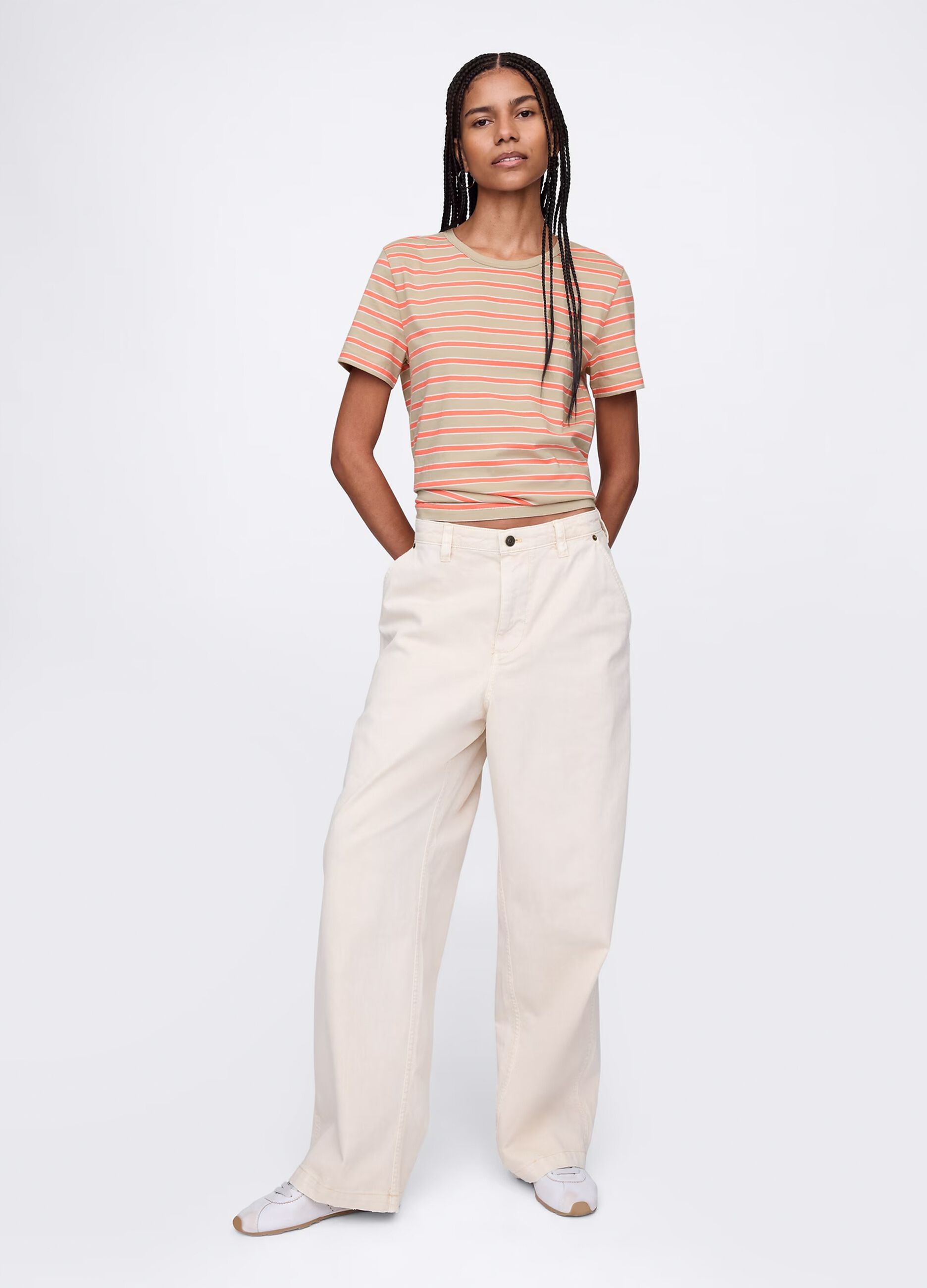 T-shirt a righe arancioni e beige in cotone_1