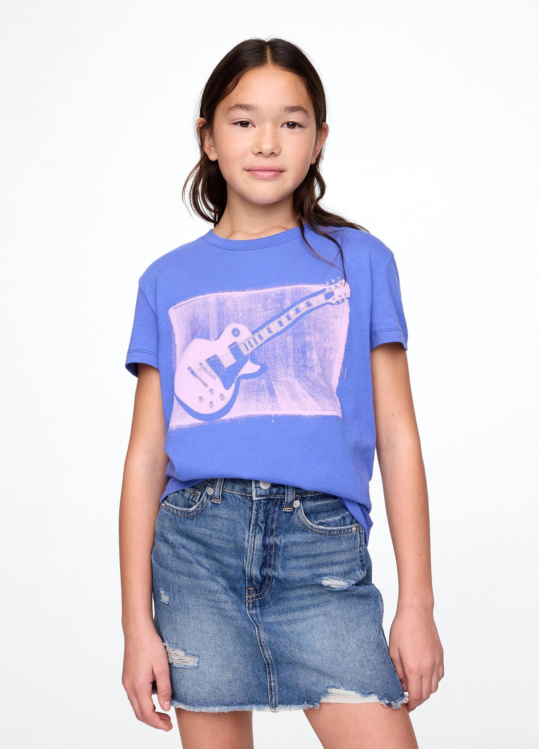 T-shirt a maniche corte blu con stampa chitarra