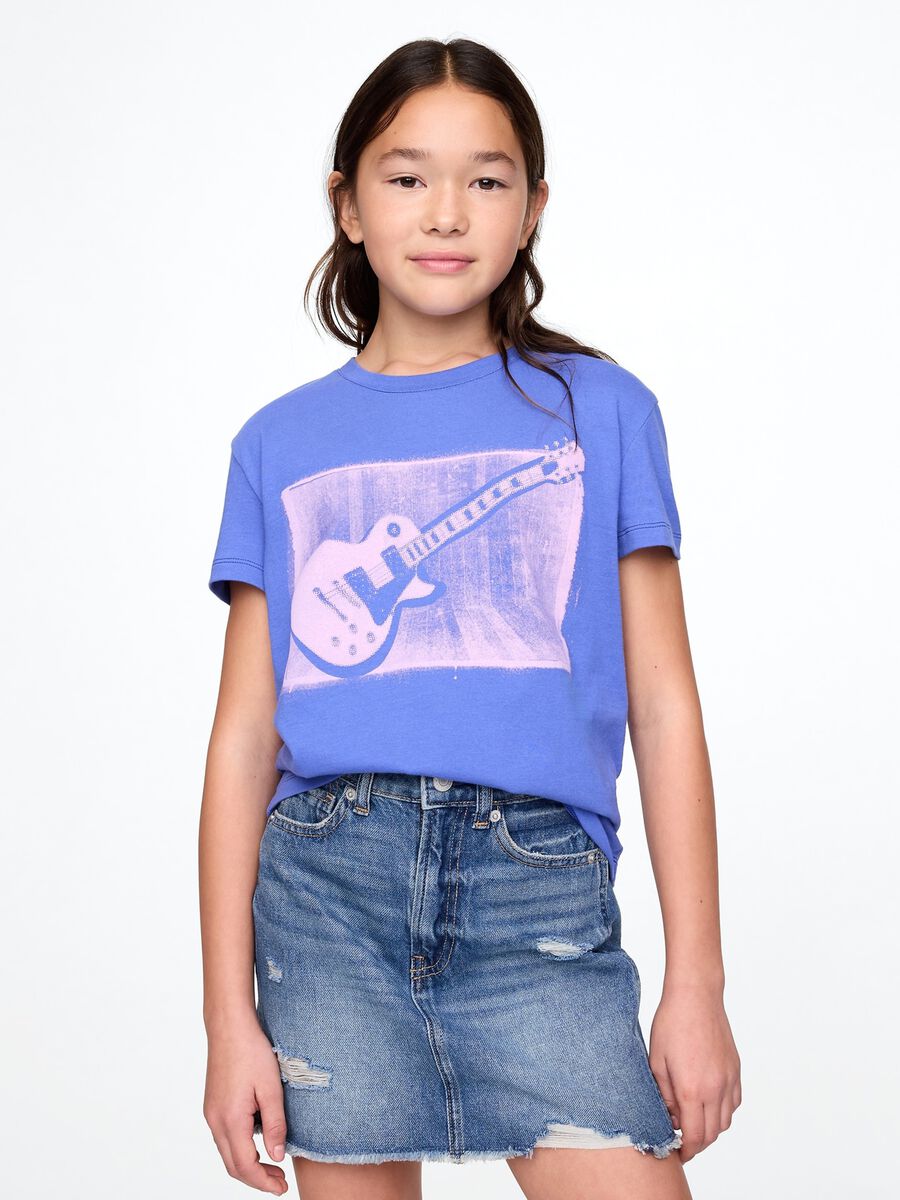 T-shirt a maniche corte blu con stampa chitarra Bambina_0