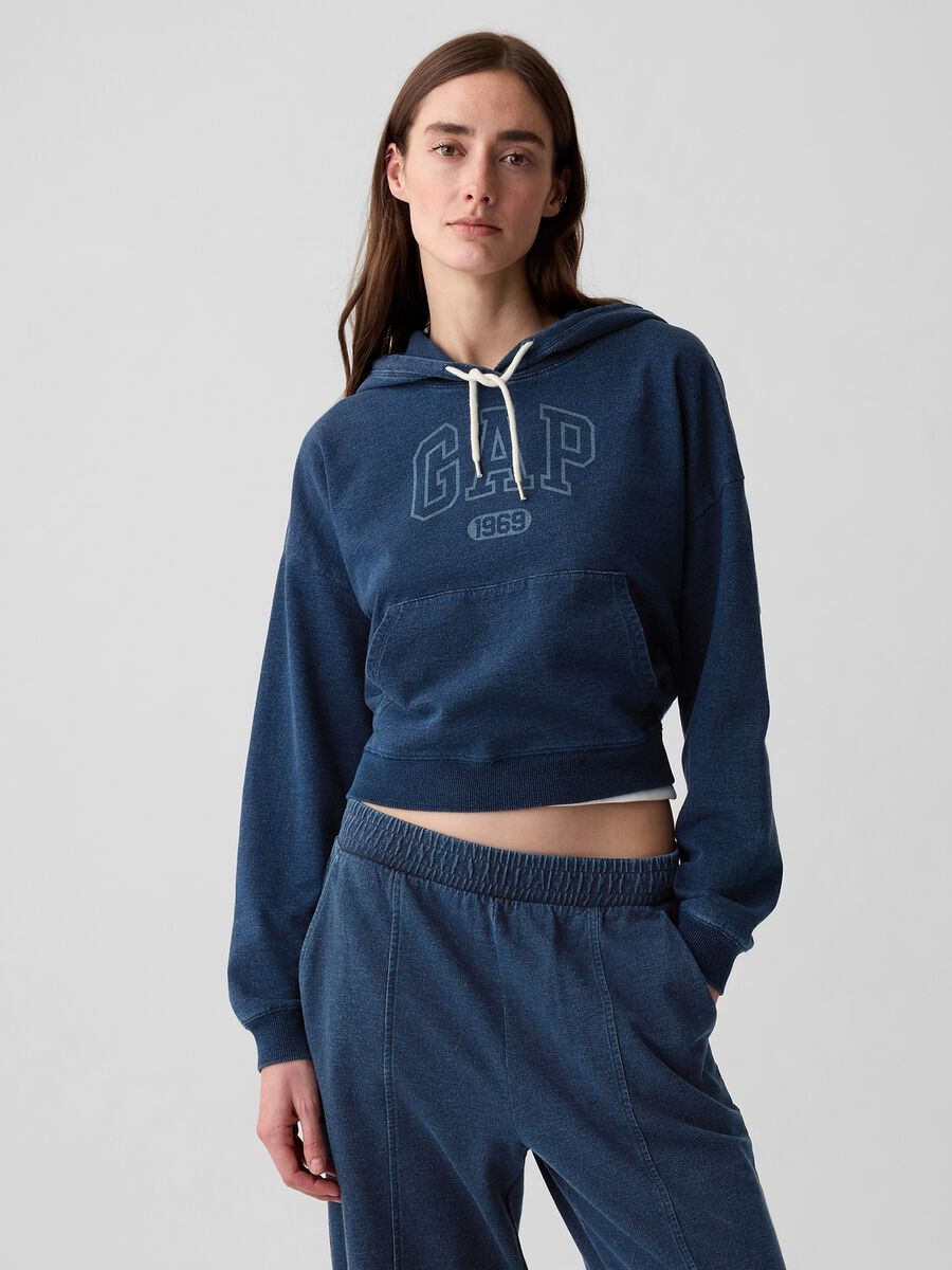 Felpa over cropped in denim stampa logo Donna_0
