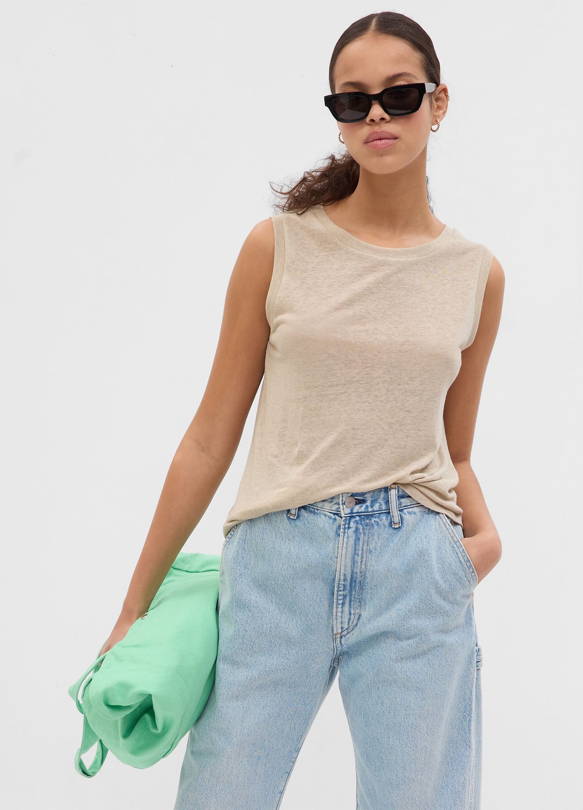 Linen blend tank top with round neck