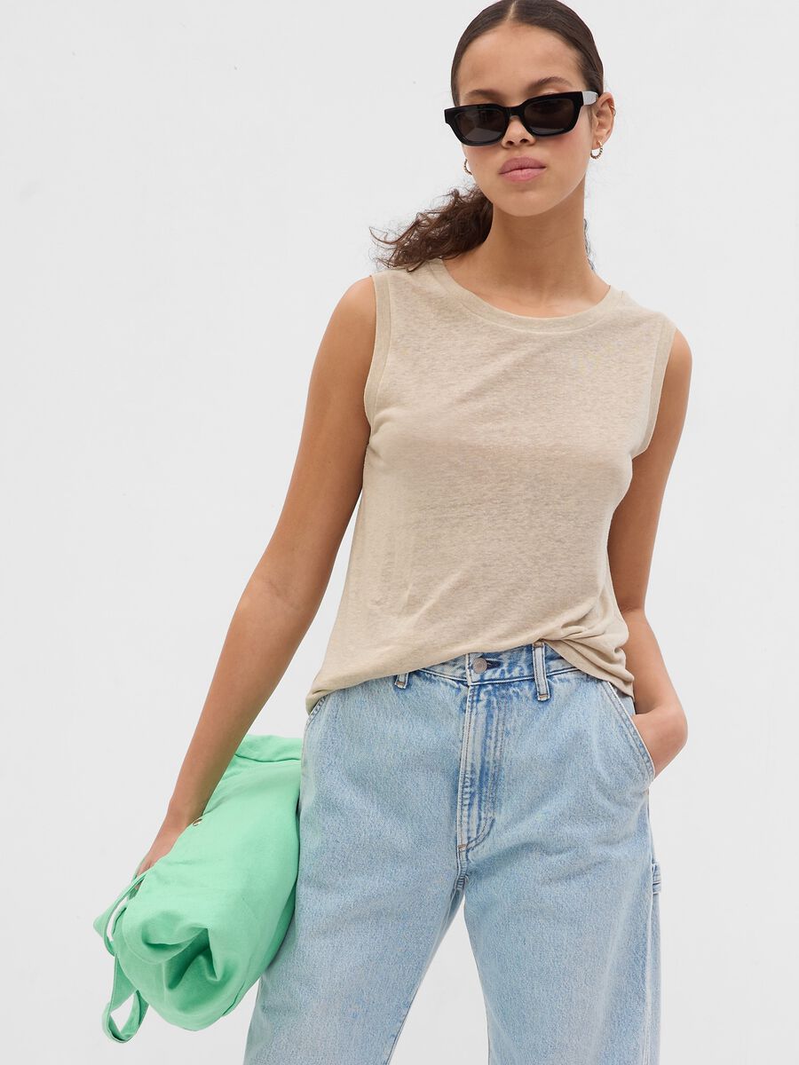Linen blend tank top with round neck Woman_0