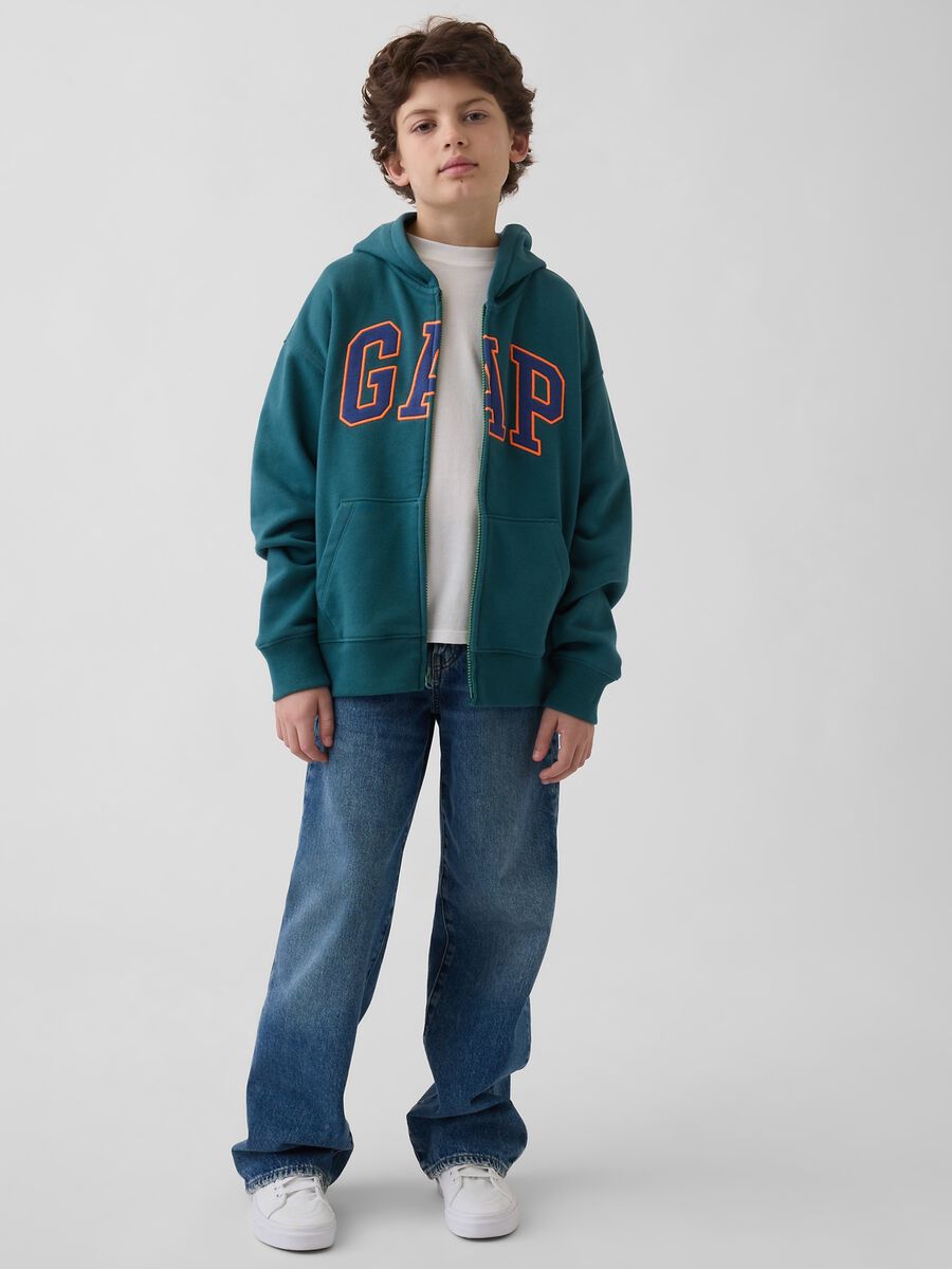 Felpa in misto cotone verde da bambino con logo, zip e cappuccio Bambino_1