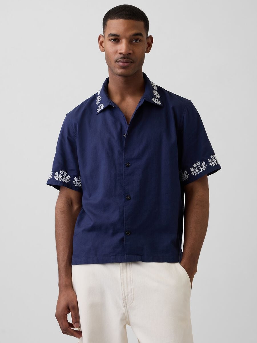 Linen and cotton blend shirt with embroidery Man_0