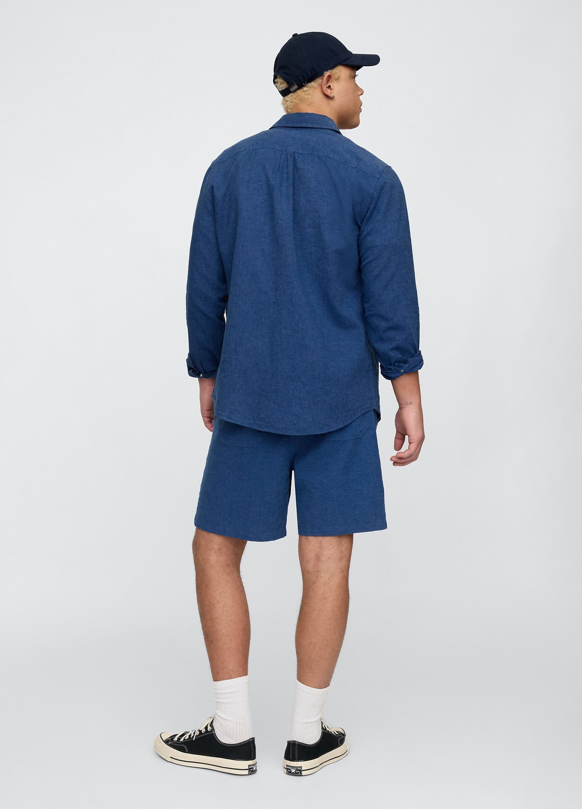 Pantaloncini blu in misto tessuto_1