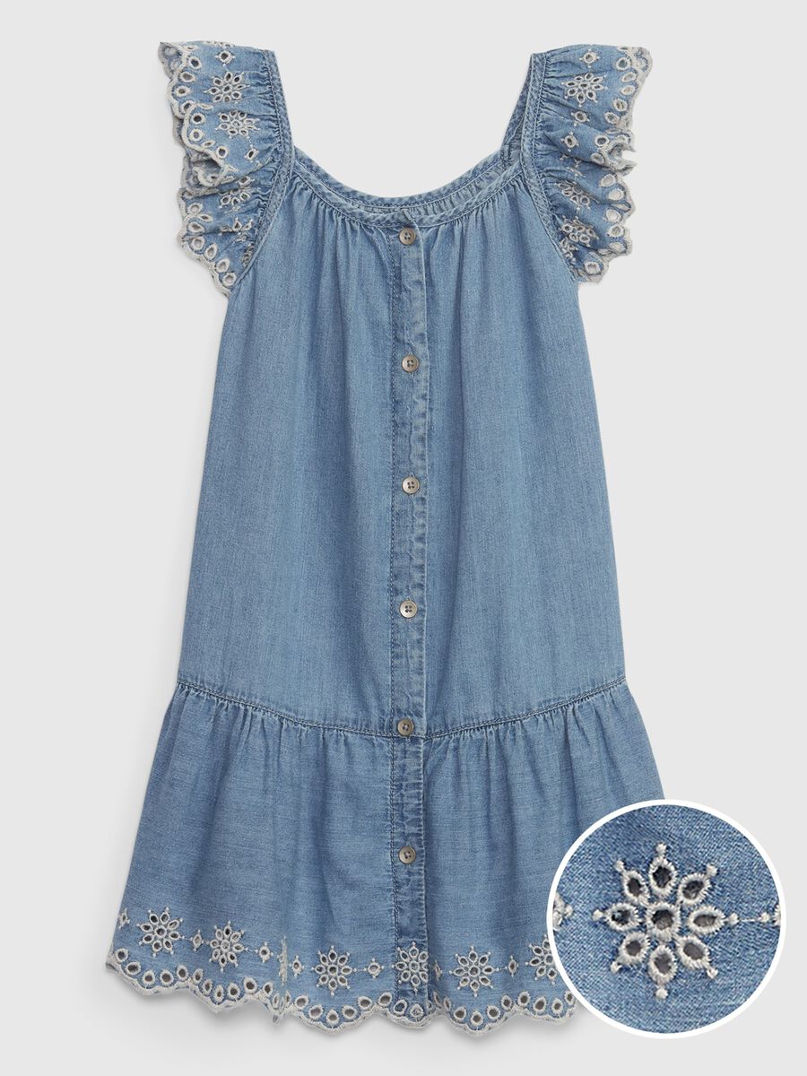 Long dress in denim with broderie anglaise Toddler Girl_0