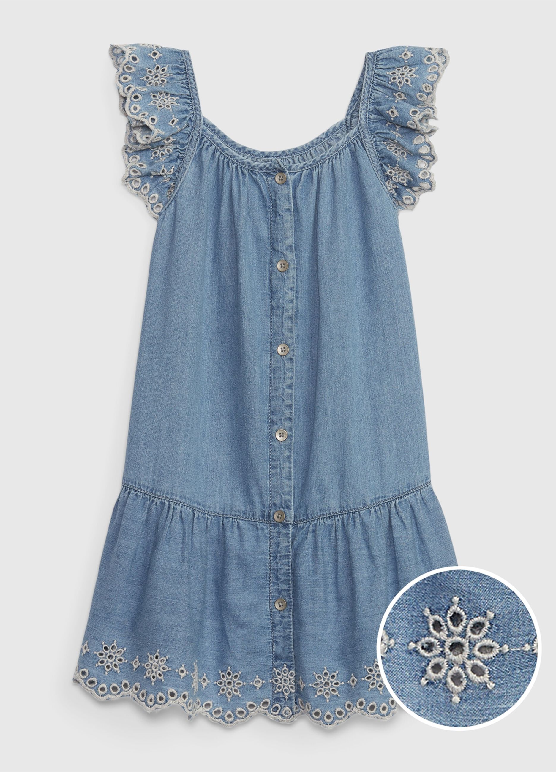 Long dress in denim with broderie anglaise