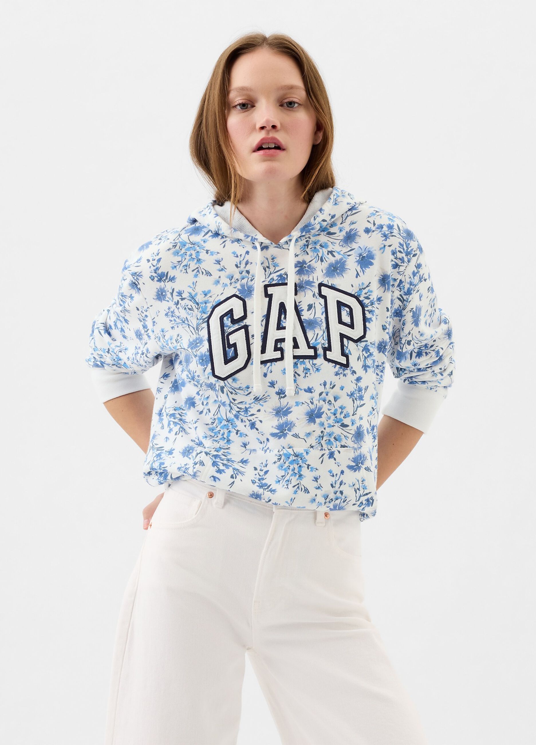 Floral sweatshirt with hood and logo embroidery