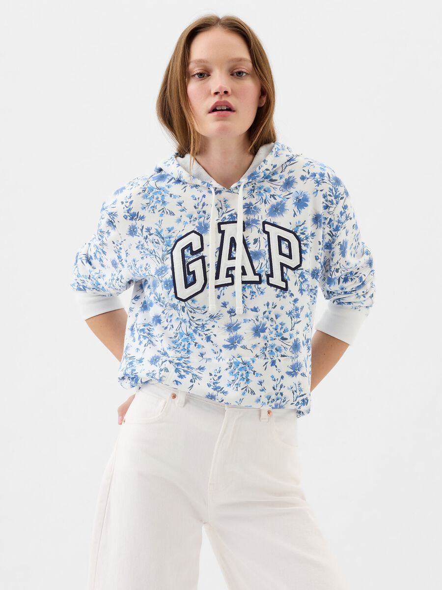 Felpa floreale con cappuccio e ricamo logo Donna_0