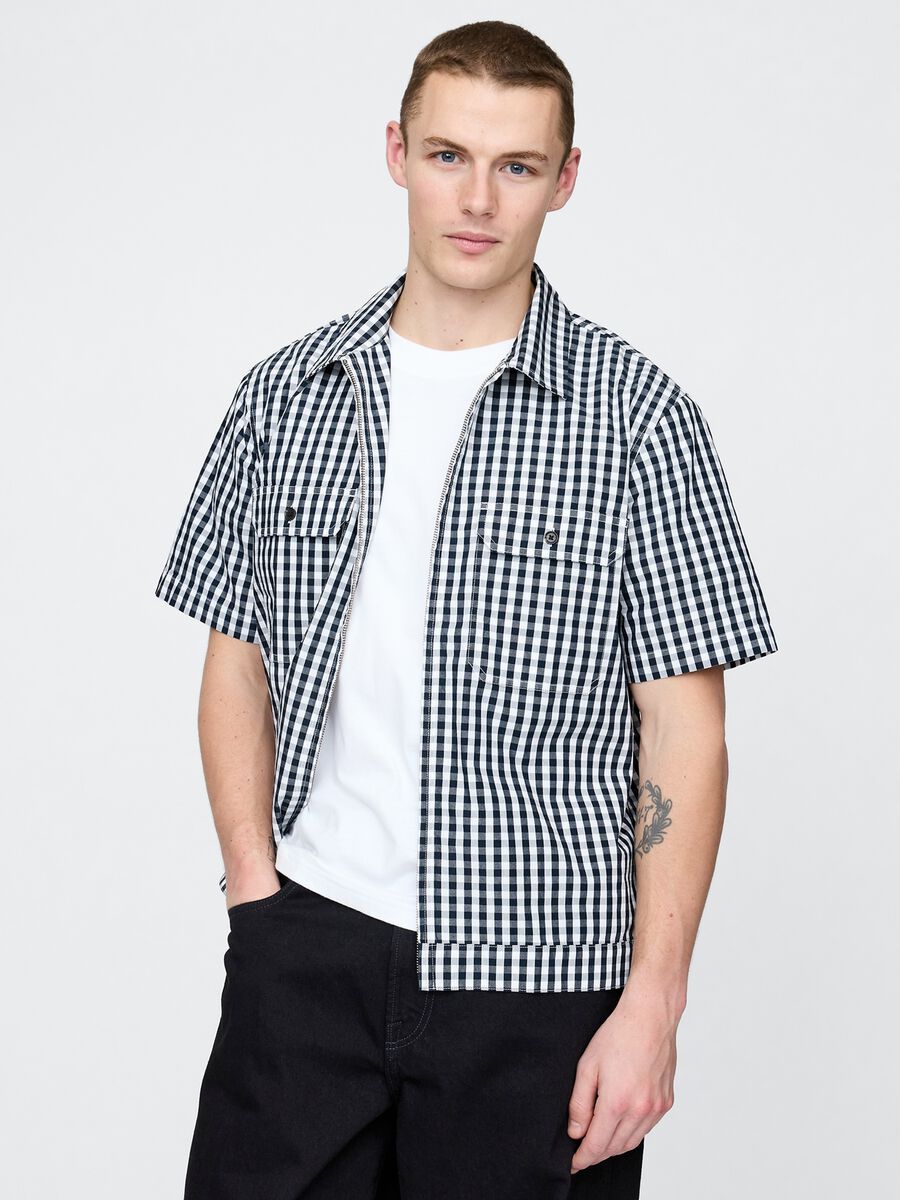 Camicia a quadri blu e bianco a maniche corte Uomo_0