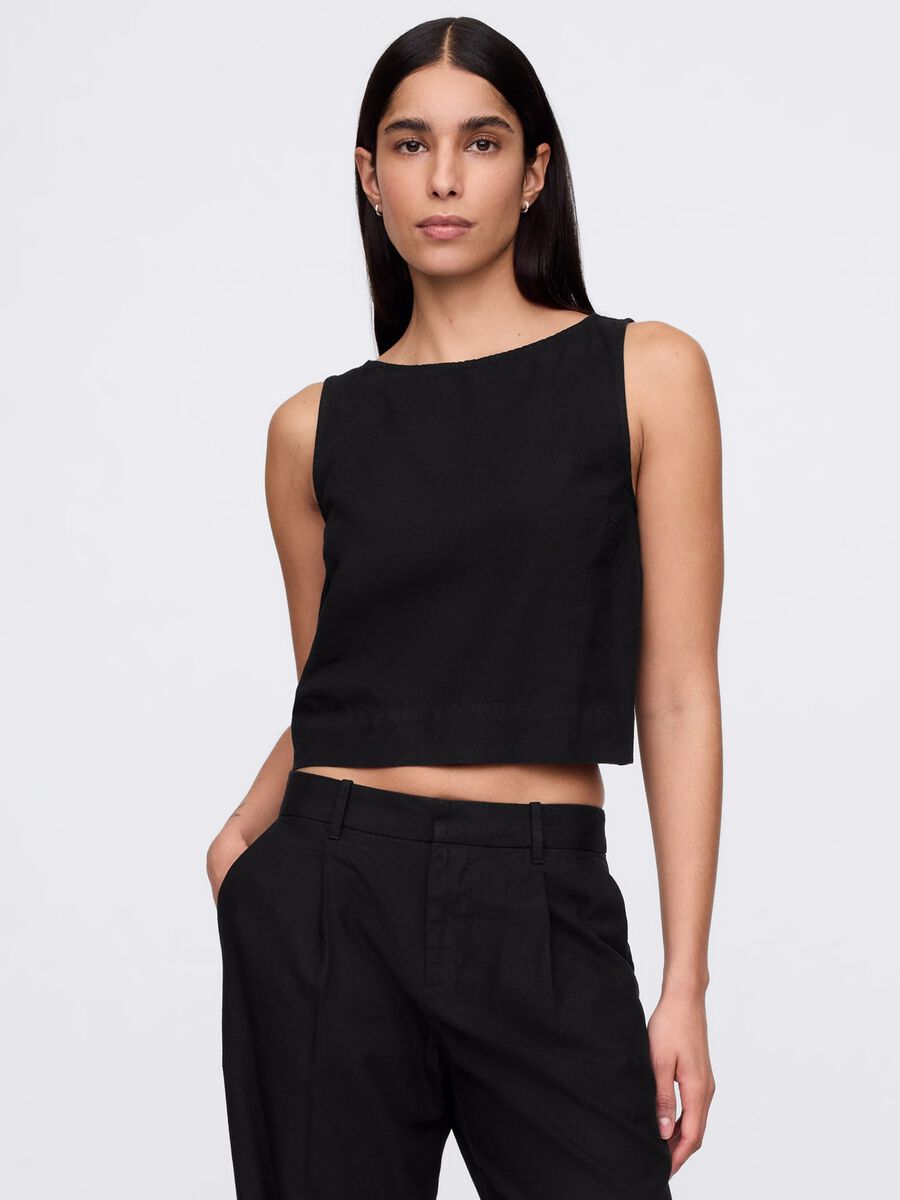 Top senza maniche nero misto lino Gap Donna_0