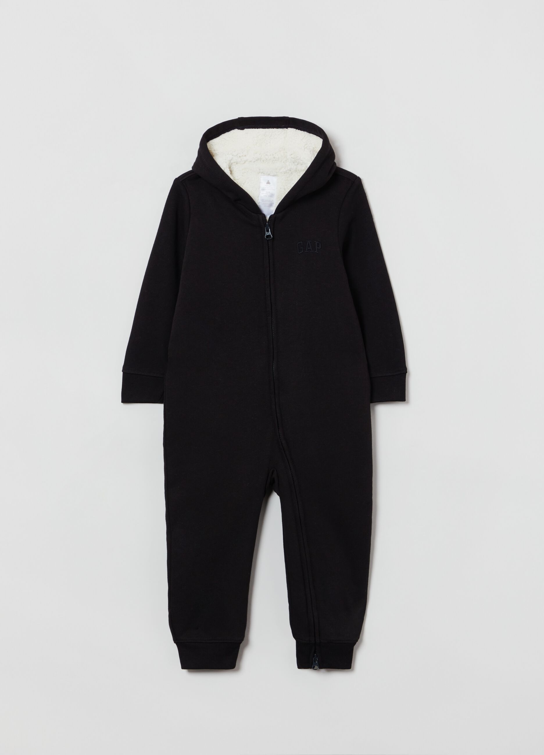 Onesie with hood and sherpa lining.