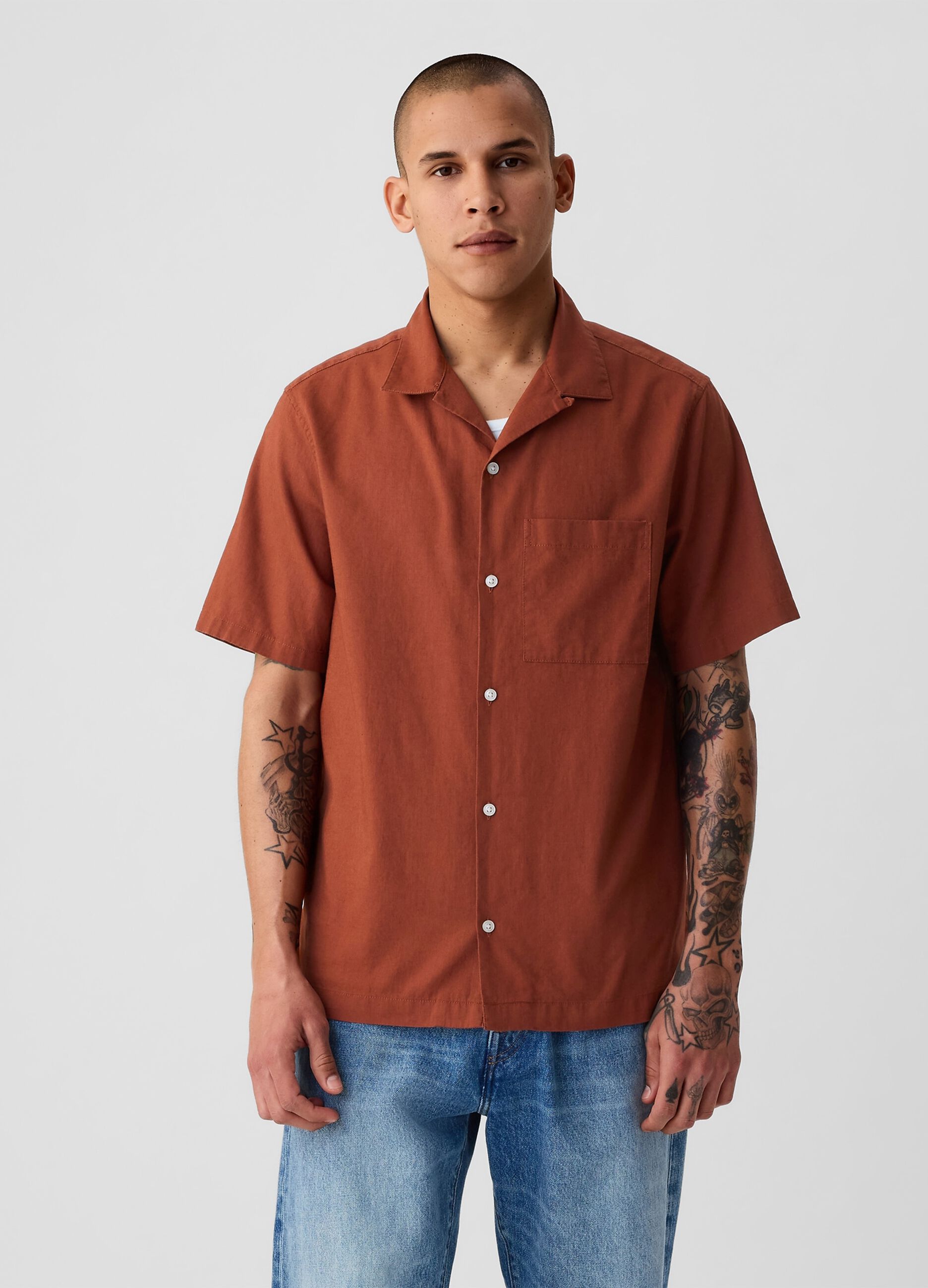 Camicia a maniche corte in lino e cotone_1