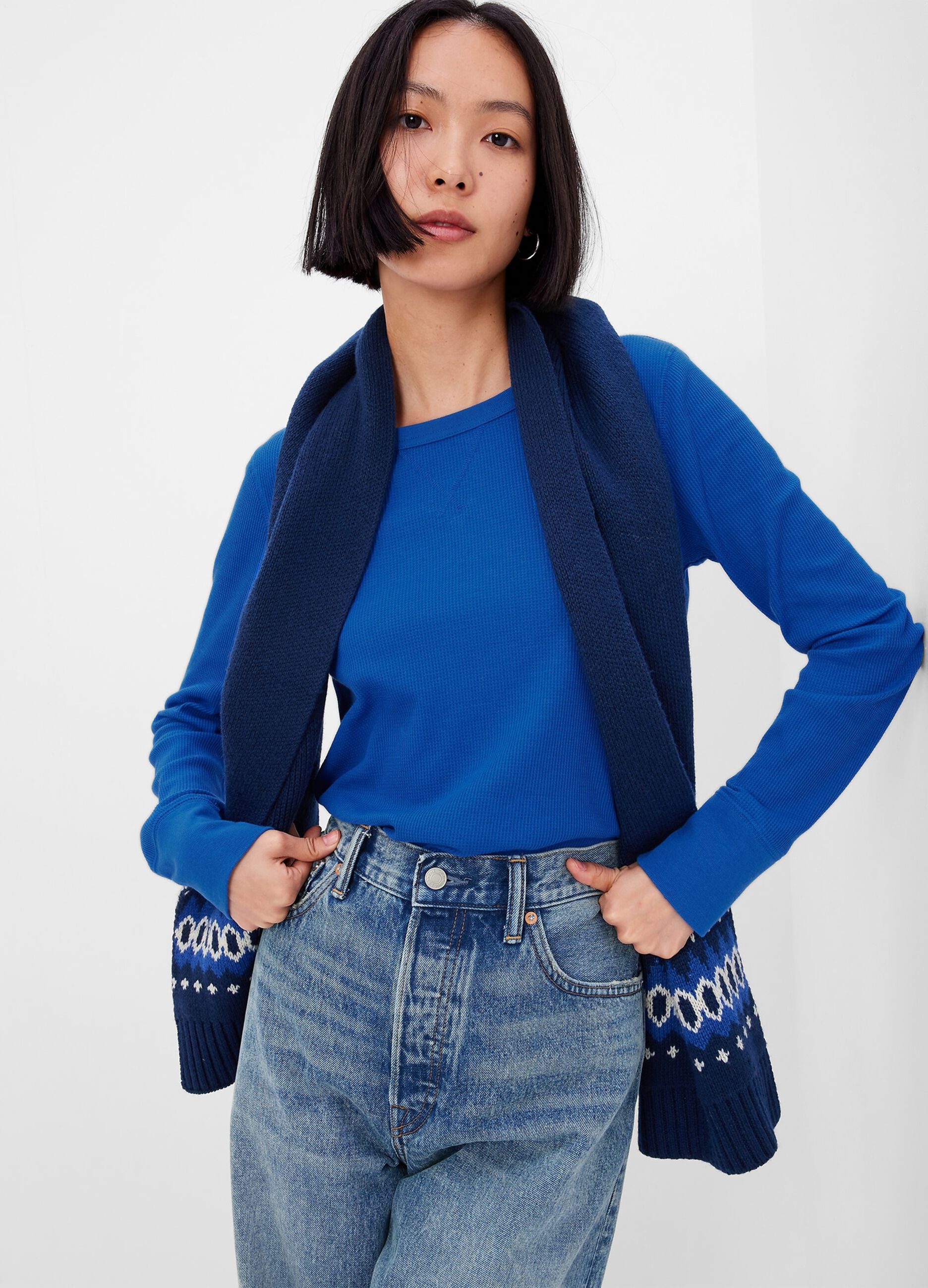 Maglietta Donna Maniche Lunghe Henley - Bottoni, Scollo A V, In Maglia Waffle - Foto 13