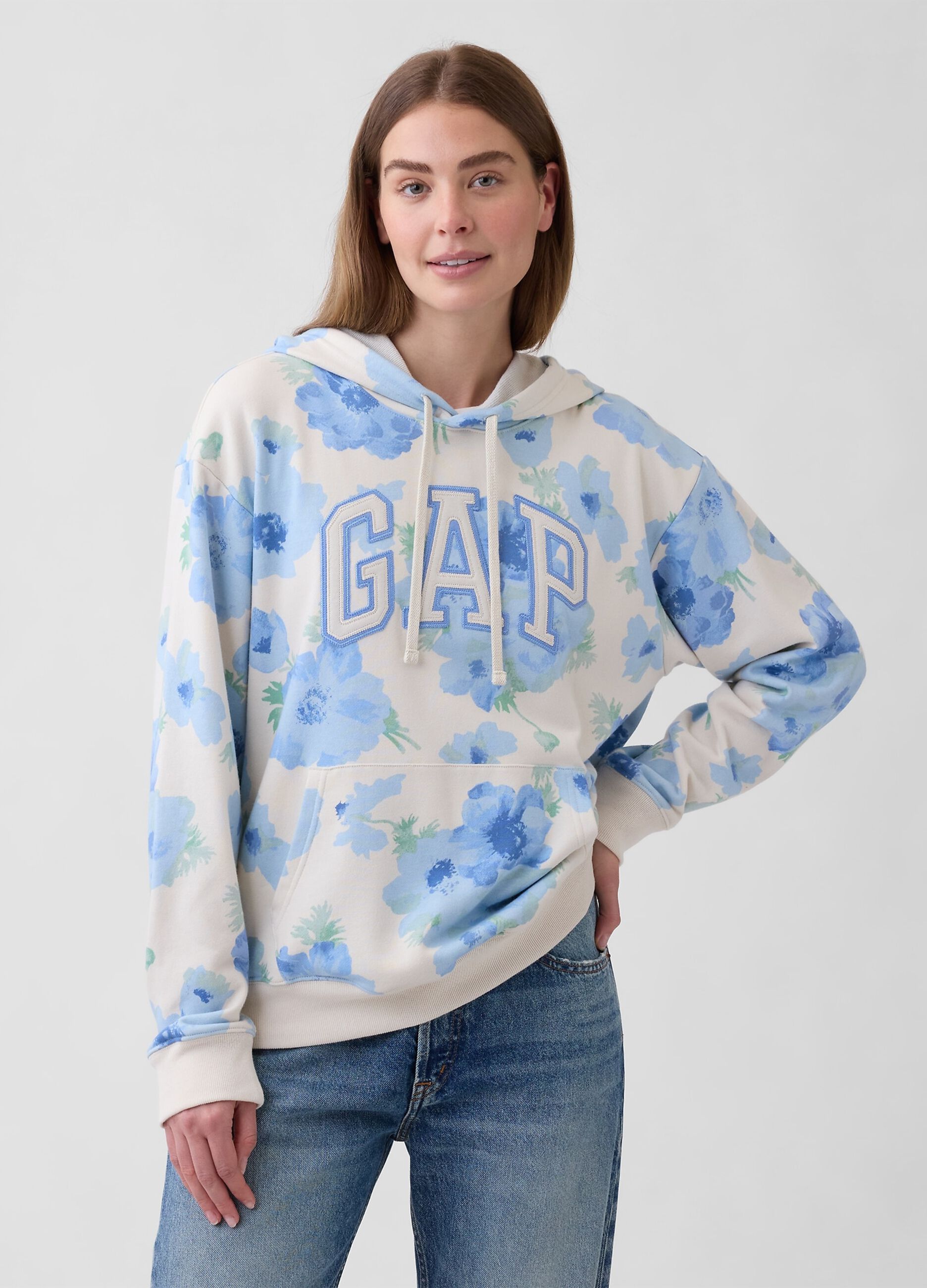 Regular Fit Cotton Blend Sweatshirt with Logo and Floral Pattern