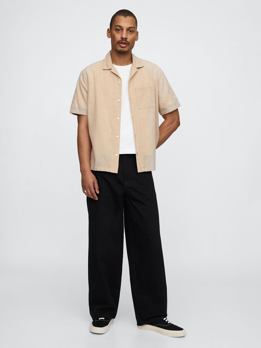 Camicia beige in lino a maniche corte Man_1