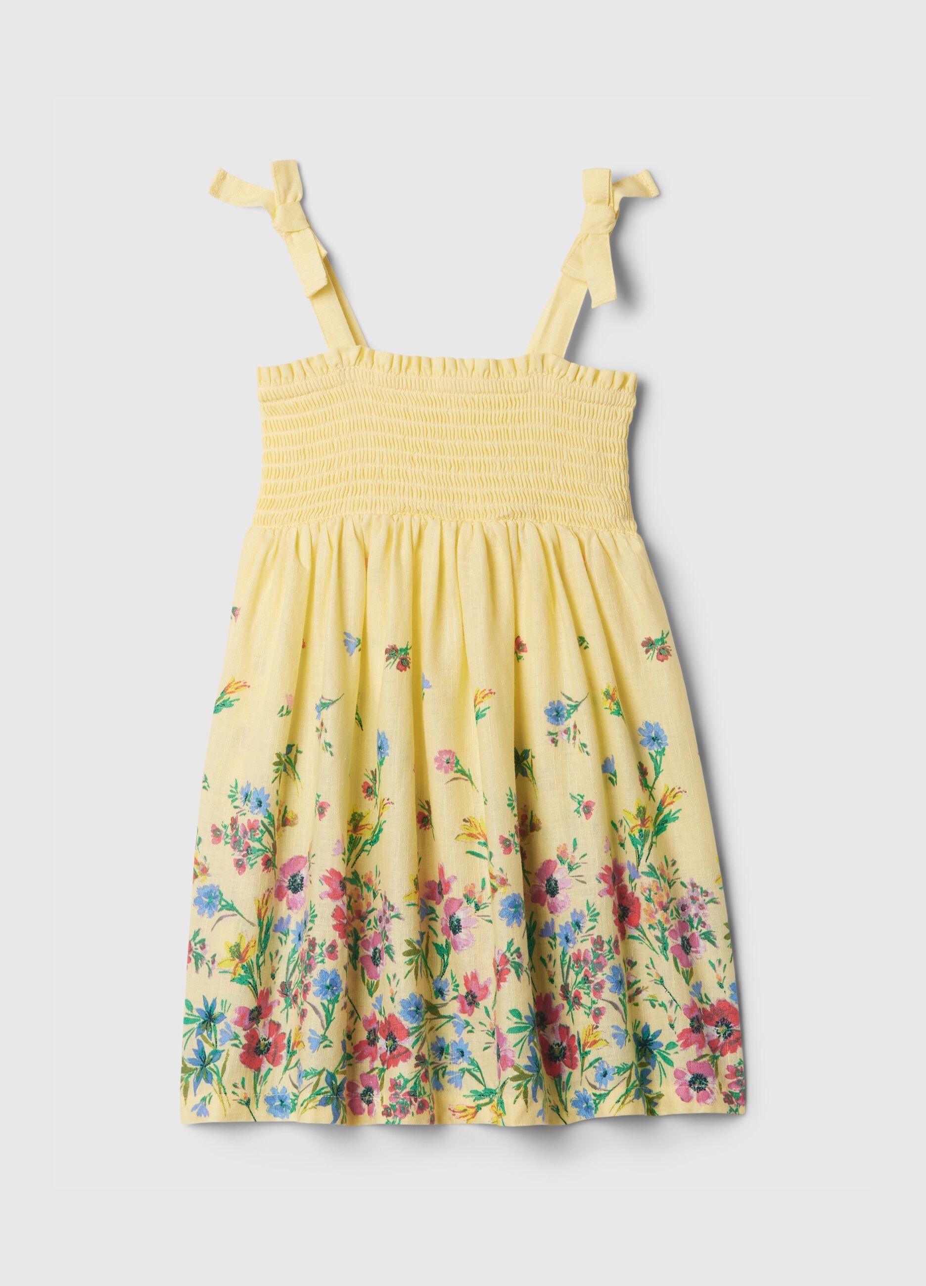 Dress with floral top in smock stitch