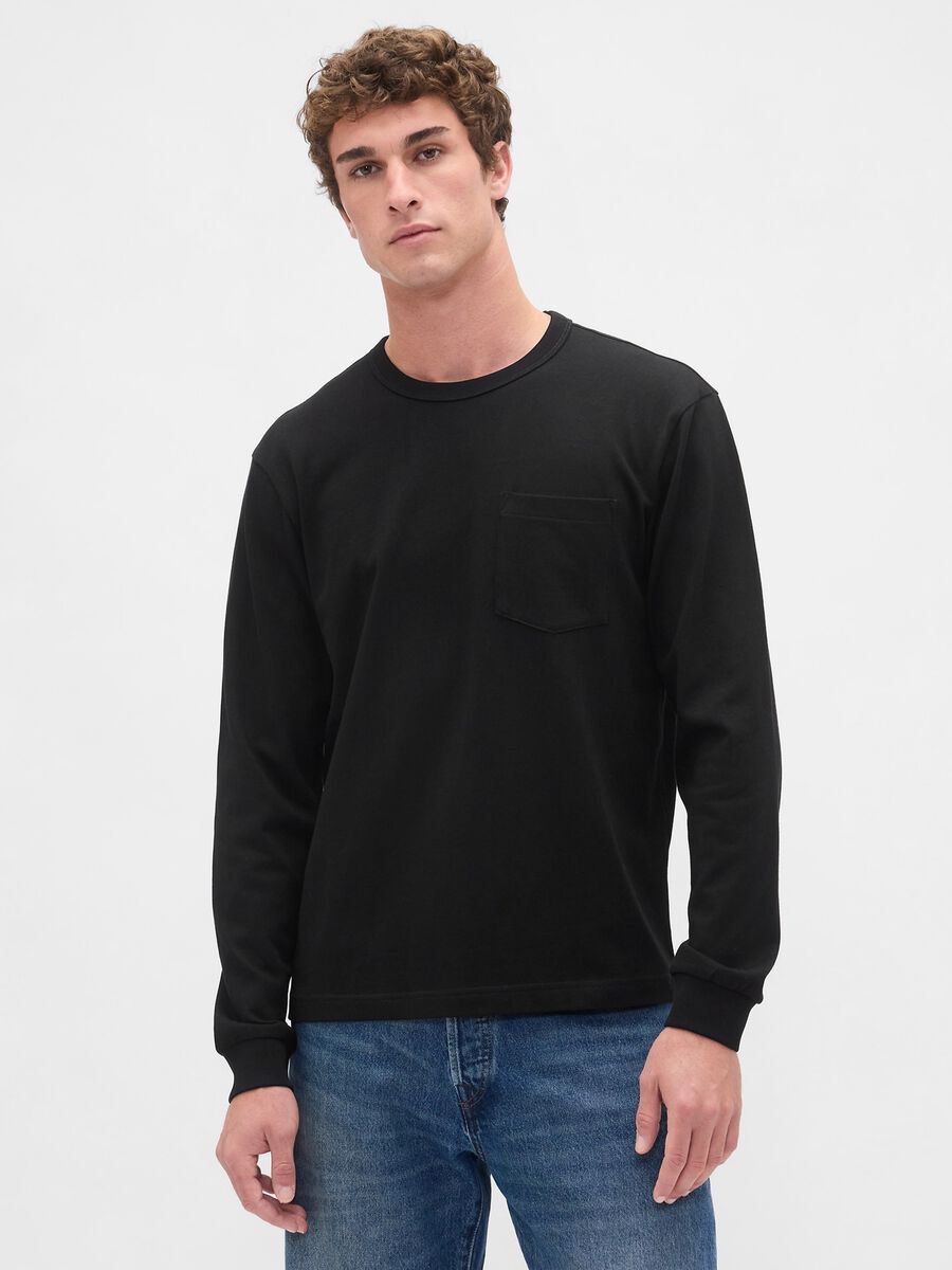 Black Long Sleeve Cotton Top Man_0