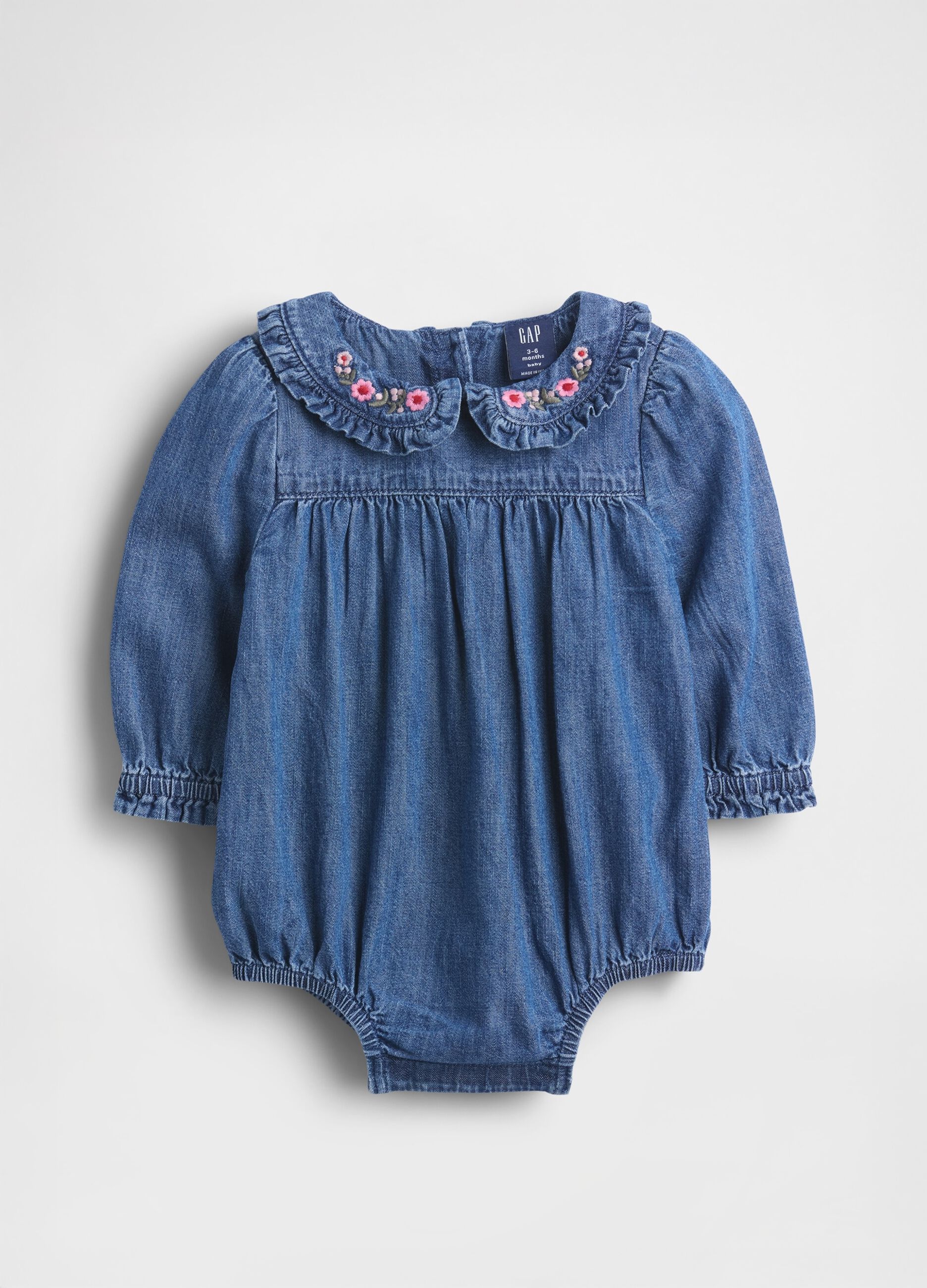 Body in denim con collo ricamato