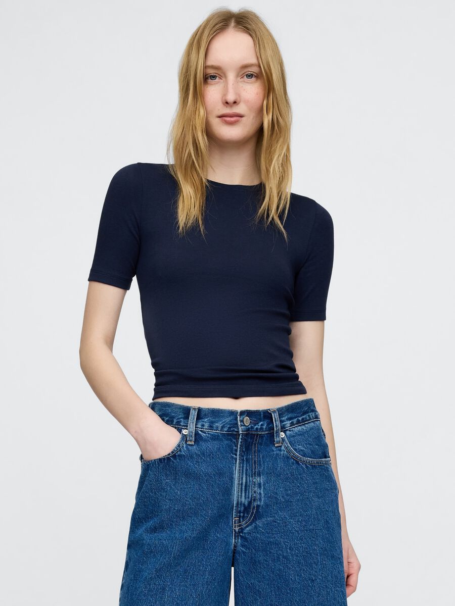 T-shirt cropped blu scuro a maniche corte Donna_0