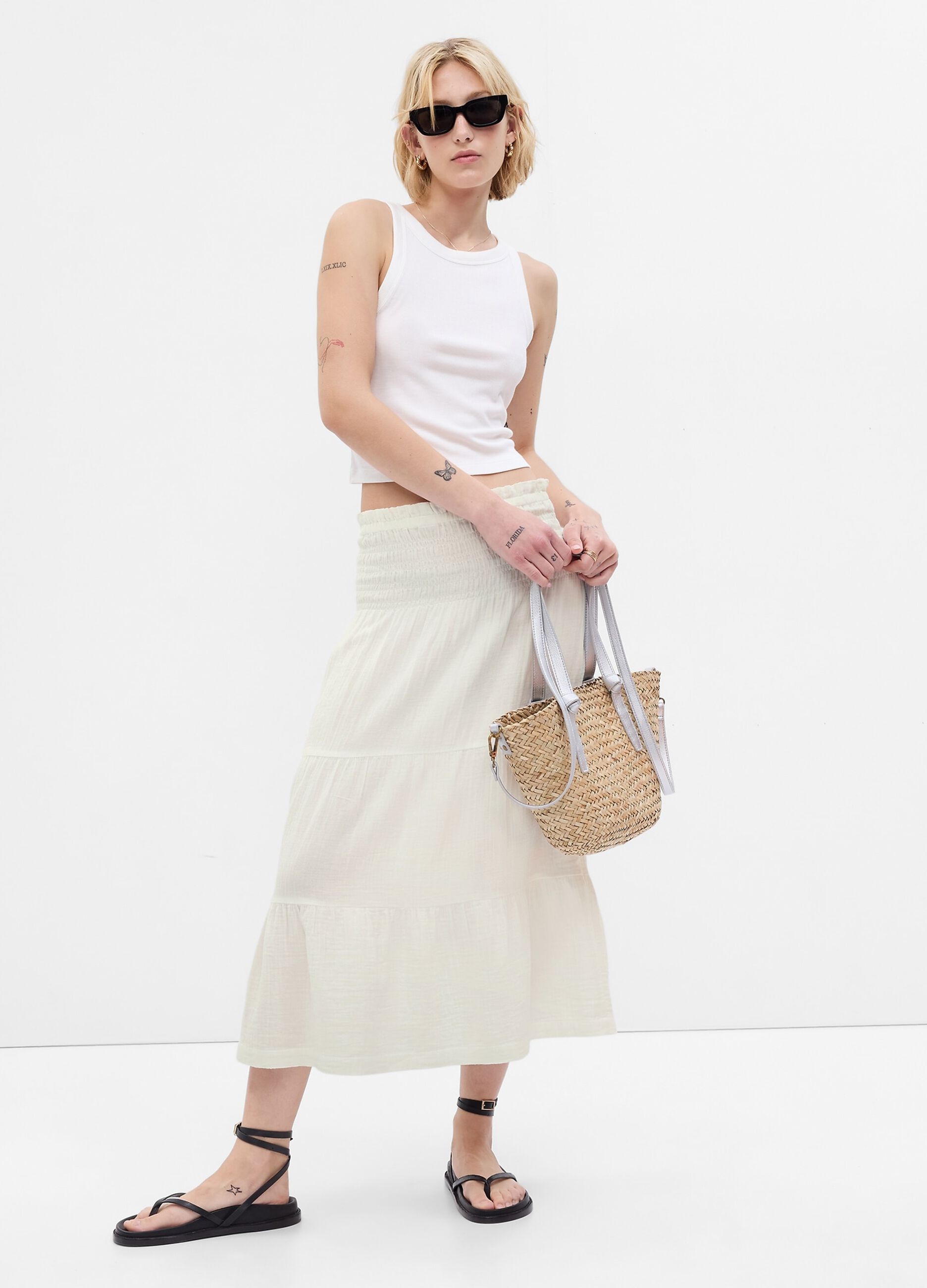 Tiered midi skirt in cotton gauze with flounces