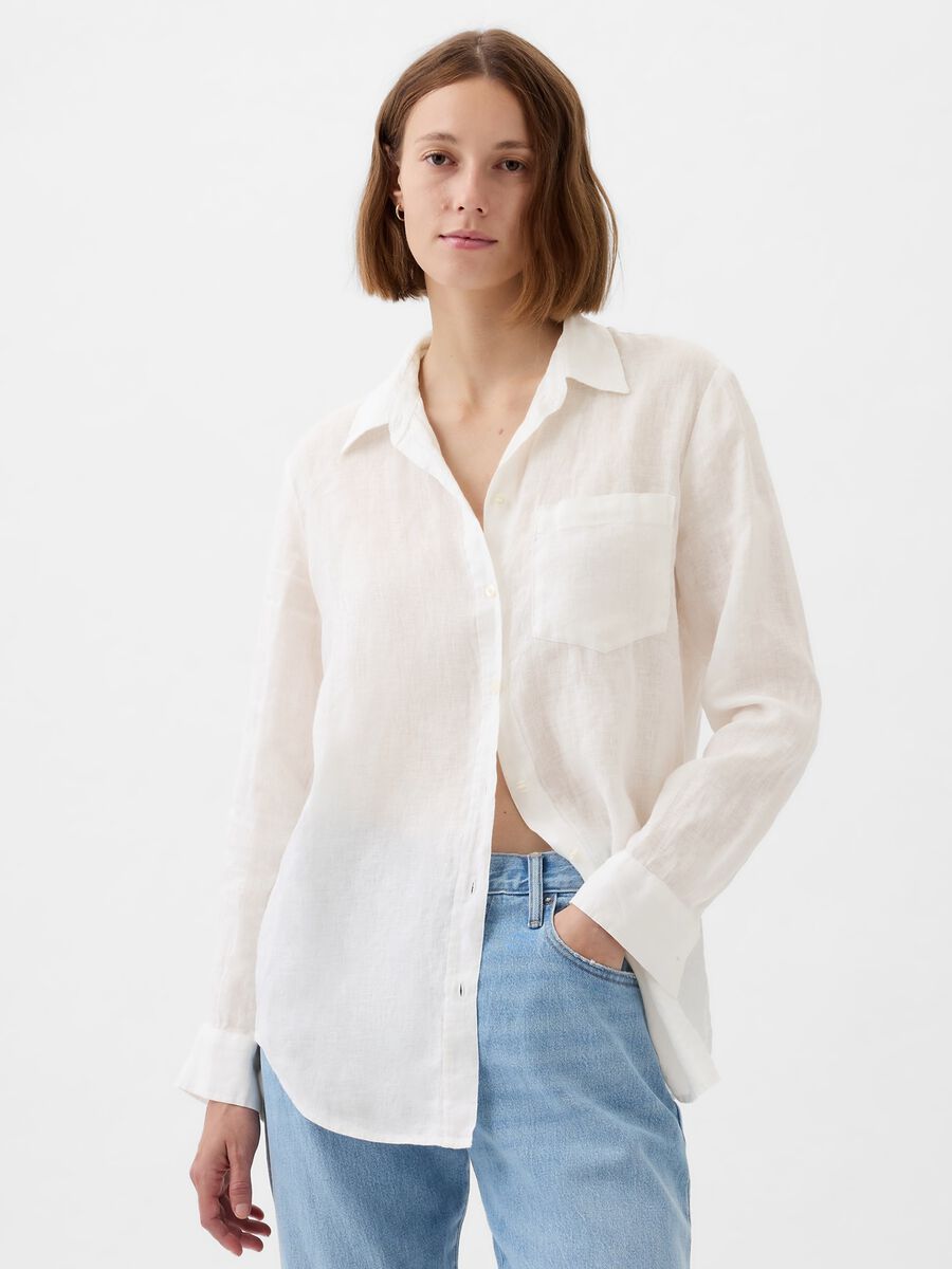Camicia boyfriend fit in lino con tasca Donna_0