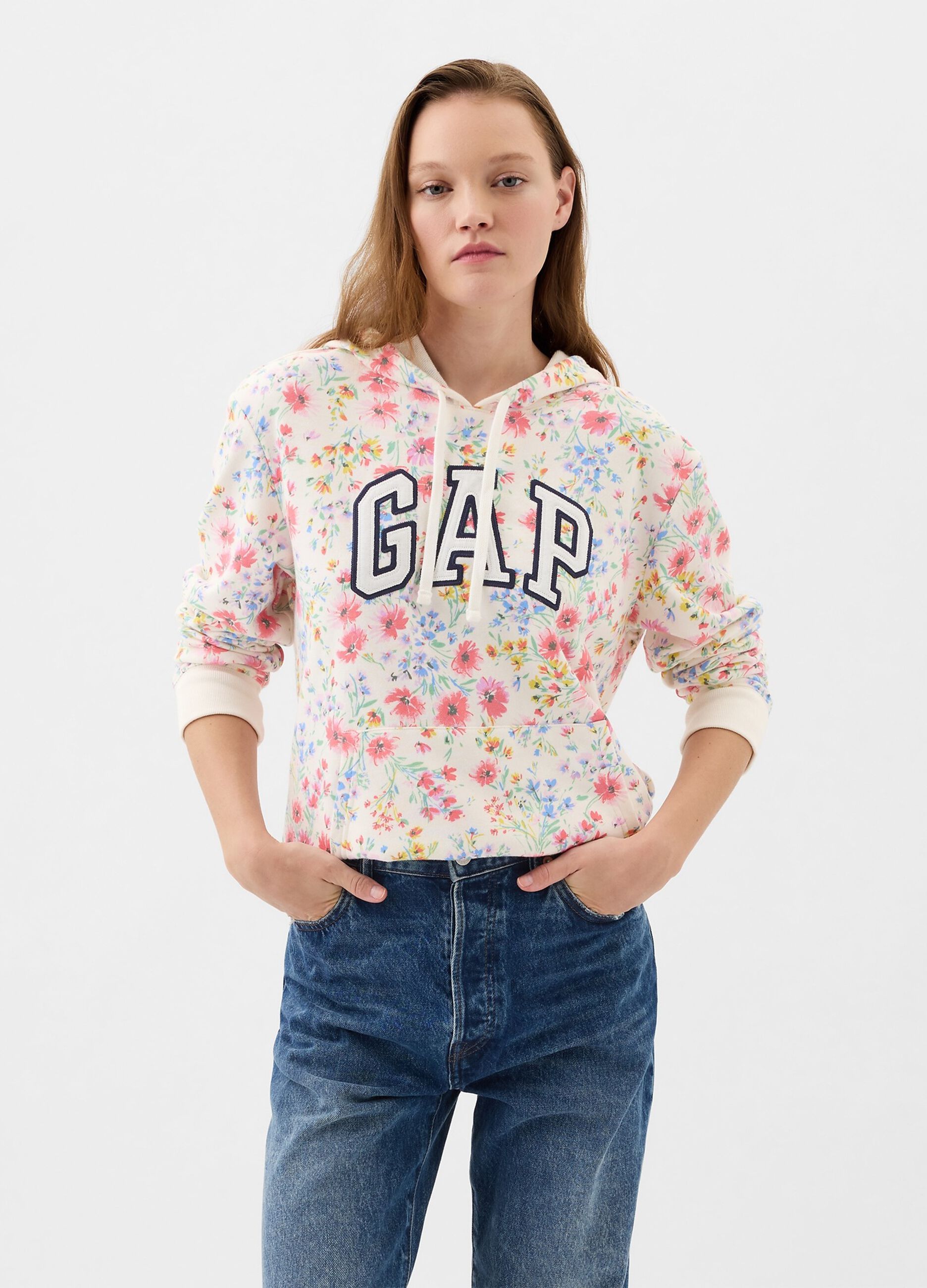 Floral sweatshirt with hood and logo embroidery_1