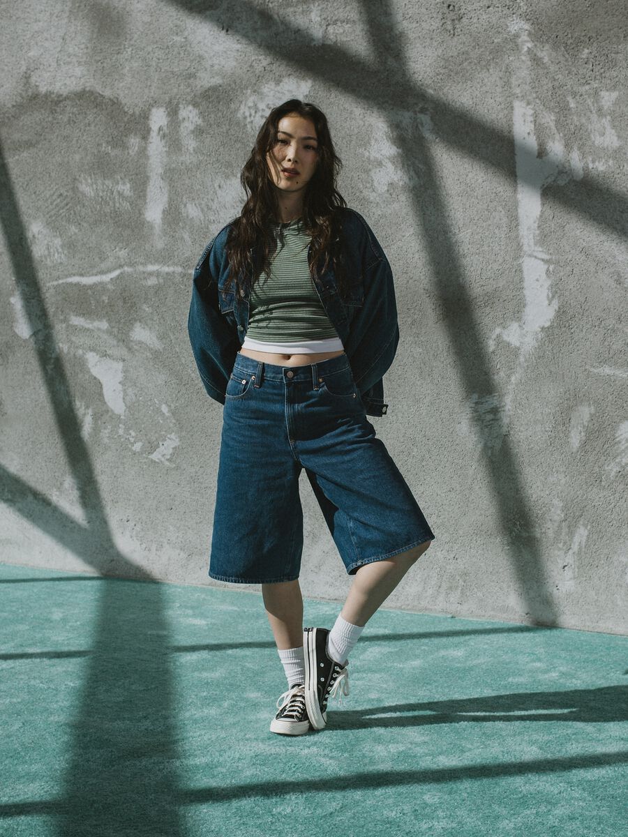 Pantaloncini in denim blu Donna_6